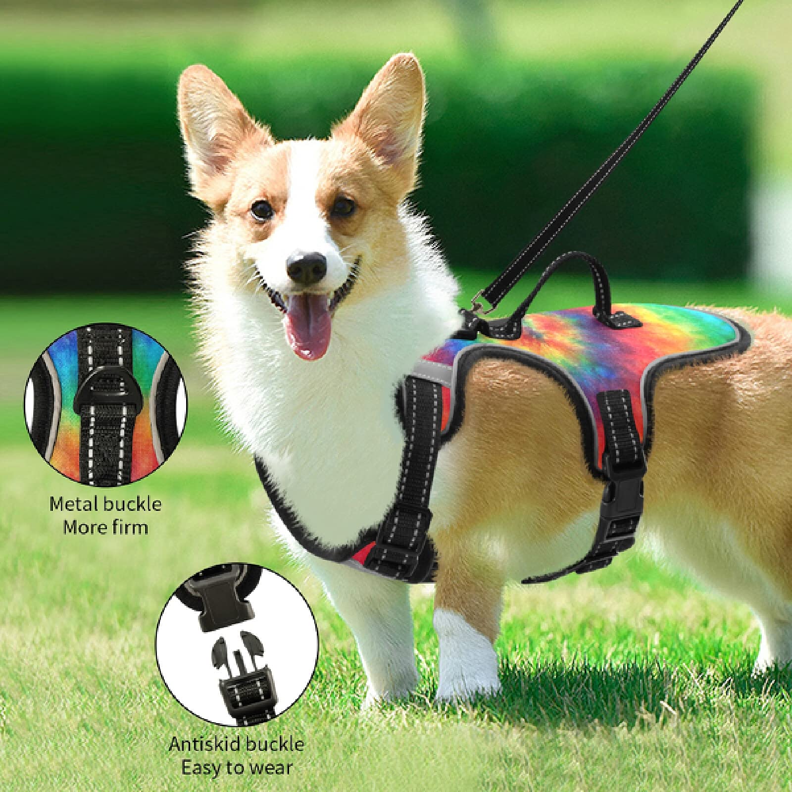Xigua Tie Dye No Pull Dog Harness - Reflective Breathable Pet Vest with Nylon Handle for Small & Medium Dogs - Perfect for Walking, Running & Outdoor Adventures