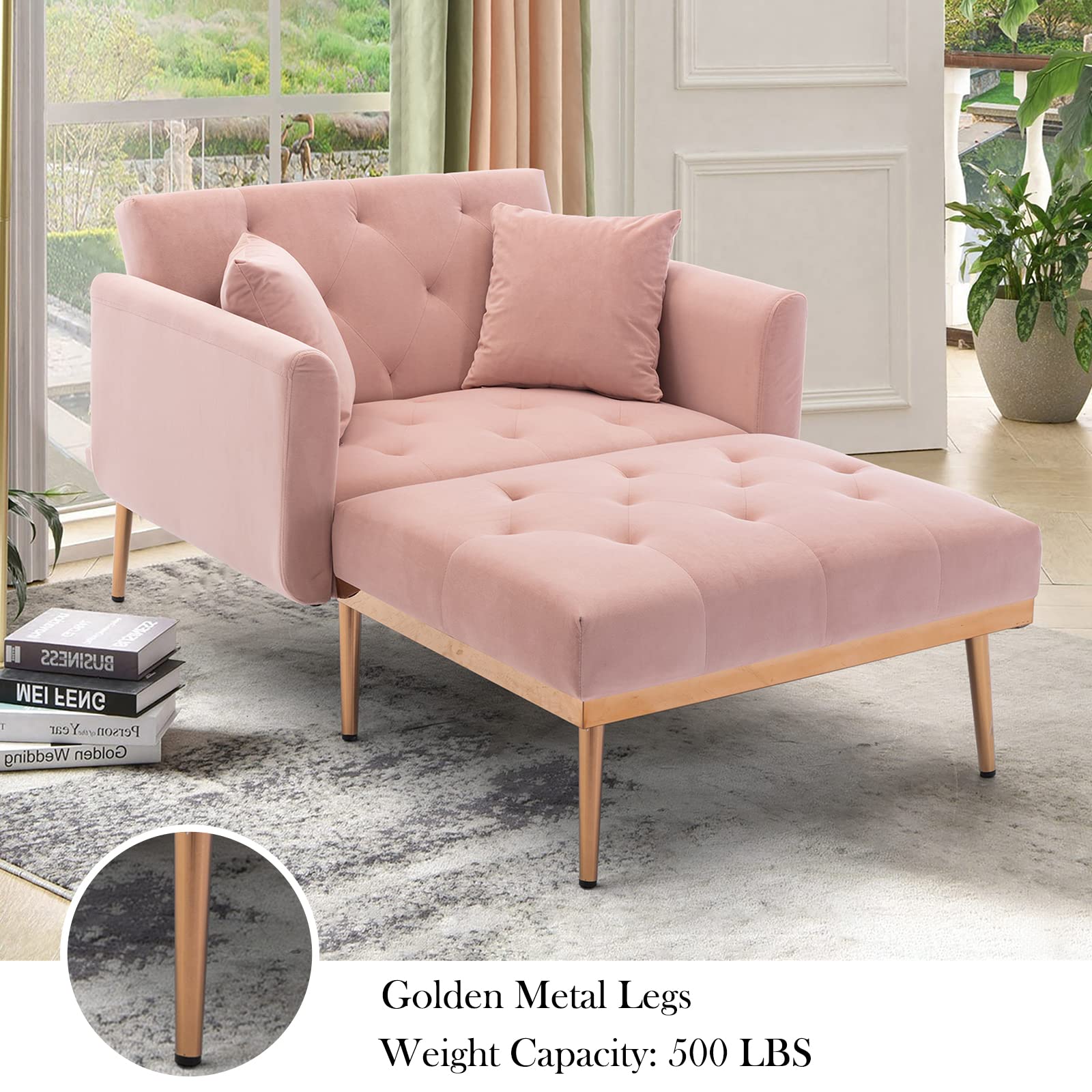 Yoluckea Modern 2 in 1 Chaise Lounge Chair - Velvet Accent Recliner & Convertible Sleeper Chair with 3 Adjustable Angles for Living Room, Bedroom, Nursery - Soft Pink Upholstered Furniture for Relaxing, Reading & Napping