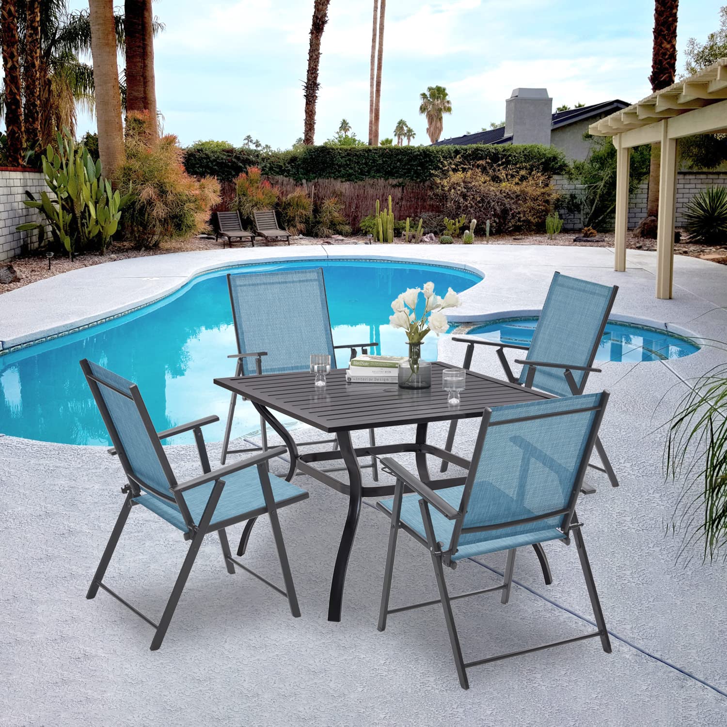VICLLAX 5-Piece Outdoor Patio Dining Set - Square Table with Umbrella Hole & 4 Folding Arm Chairs - Perfect for Backyard, Garden, Poolside or Balcony Dining
