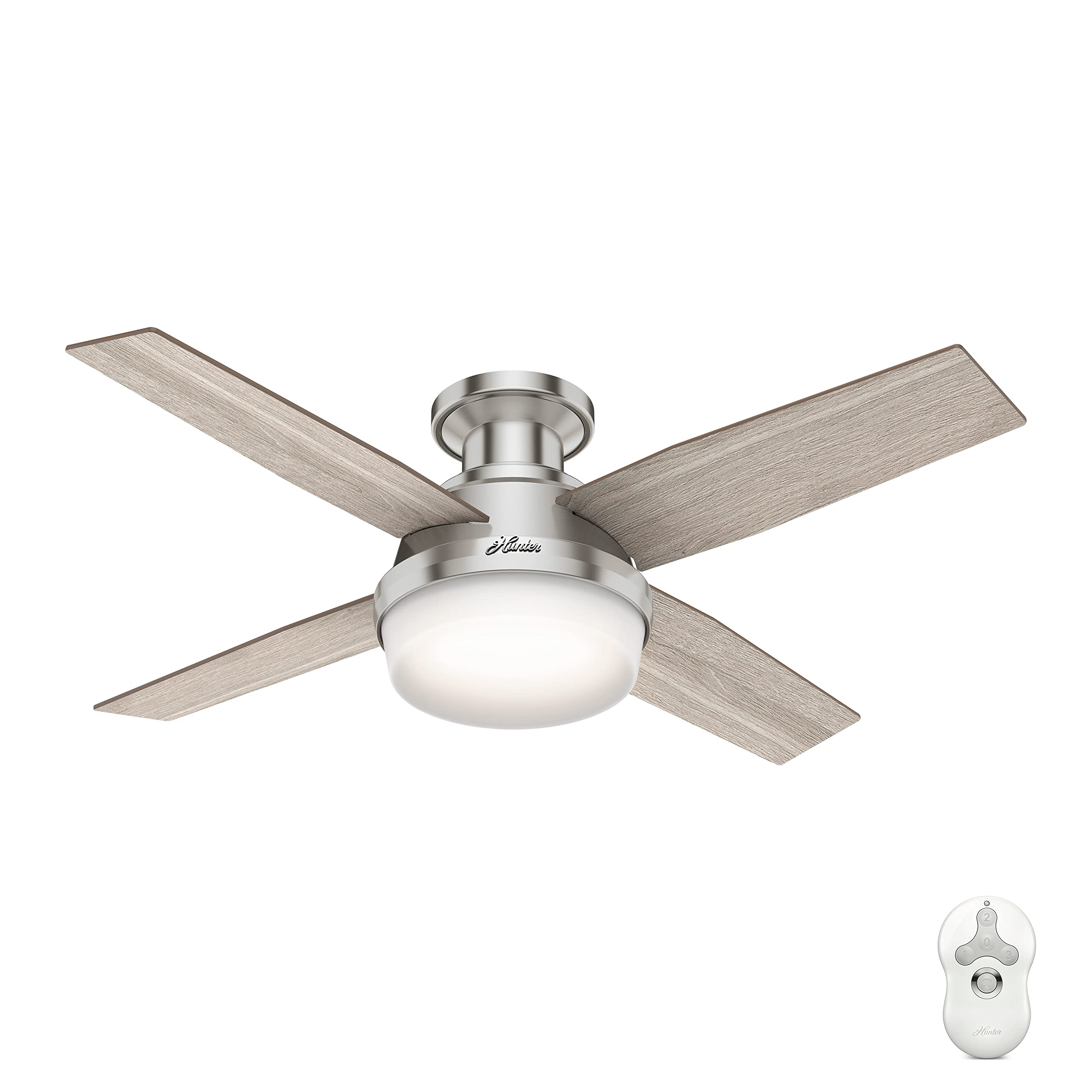 Hunter Fan 44 Inch Brushed Nickel Low Profile Ceiling Fan with Light Kit & Remote Control - Energy Efficient Indoor Cooling for Bedroom, Living Room, Dining Room, Kitchen, Office (Renewed) - Perfect for Home, Apartment and Commercial Spaces