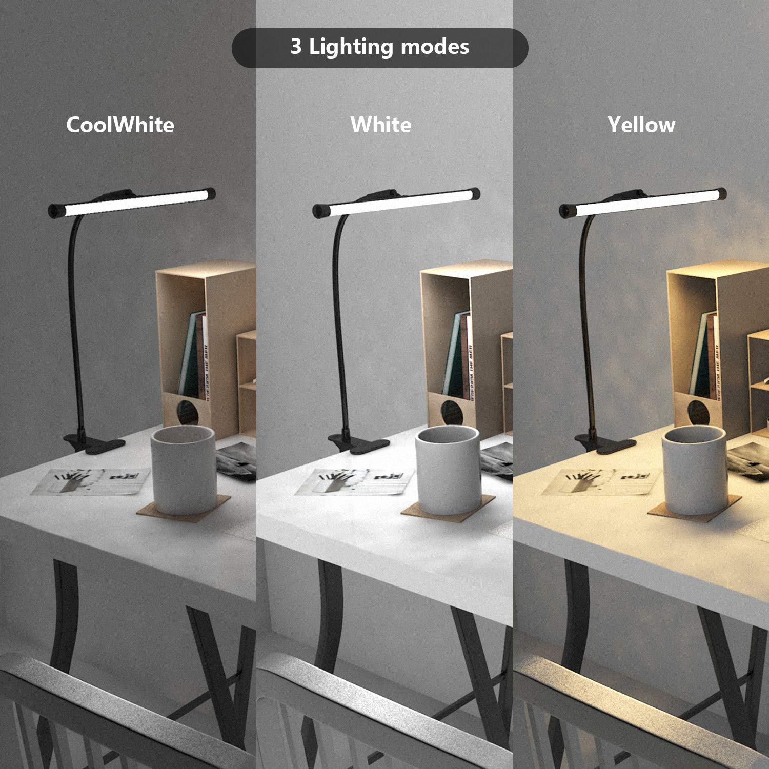 YOUKOYI LED Clamp Desk Lamp - 10 Brightness Levels & 3 Color Modes Adjustable, Stepless Dimming Eye-Caring Light for Home Office, Reading, Studying, Crafting, and Workspace Lighting
