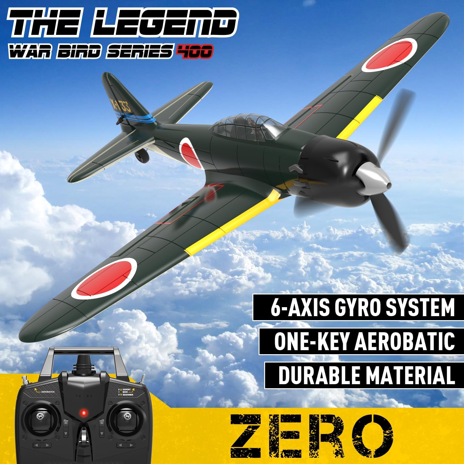 VOLANTEXRC A6M Zero WWII RC Airplane for Beginners - 4CH 2.4Ghz Remote Control Plane with Aileron, Xpilot Self-Righting & One Key Aerobatic - Perfect Gift for Adults & RC Enthusiasts (761-15 RTF) - Great for Outdoor Flying, Backyard Practice & Aerial Stunt Shows
