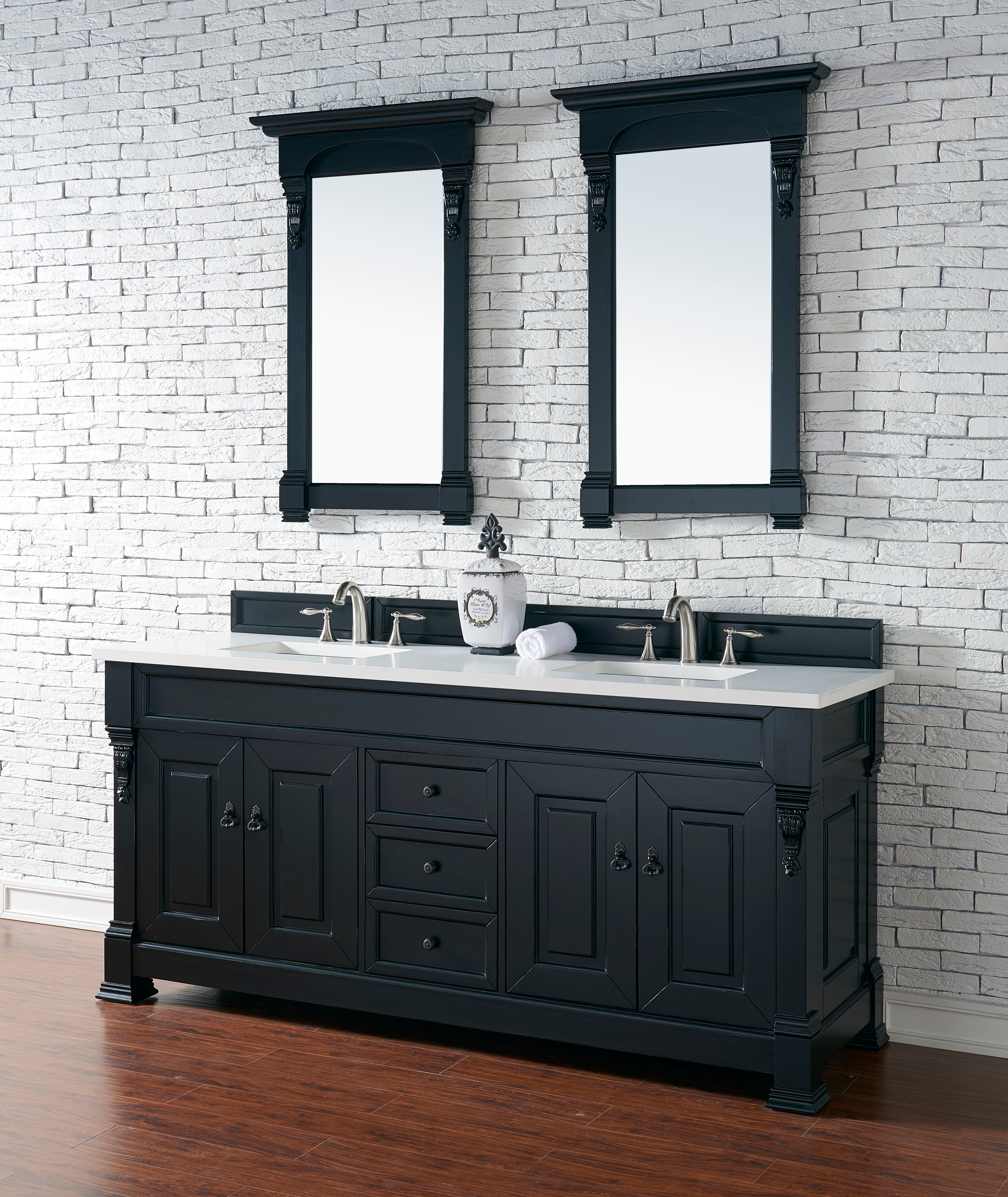 Brookfield 72 Inch Double Bathroom Vanity with Antique Black Finish & 3CM Classic White Quartz Countertop - Perfect for Master Bathroom & Modern Home Decor
