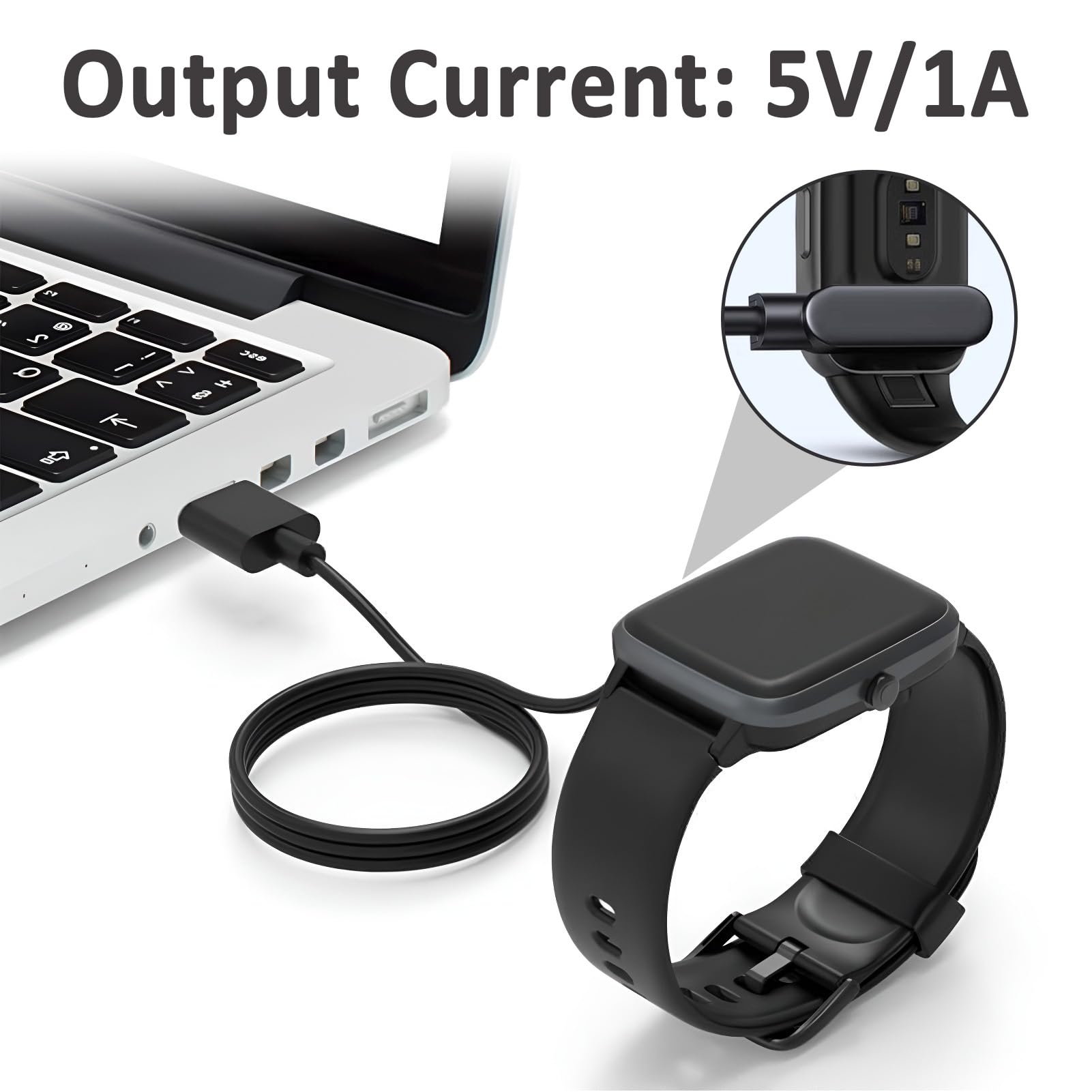Hukneqn Smart Watch Charger - 2 Pin 4mm Magnetic USB Charging Cable for YAMAY SW022/Ticwatch GTX/Haylou RT LS05S/AGPTEK LW11 | Portable Black Watch Charger with Safety Features | Perfect for Travel, Gym & Daily Use