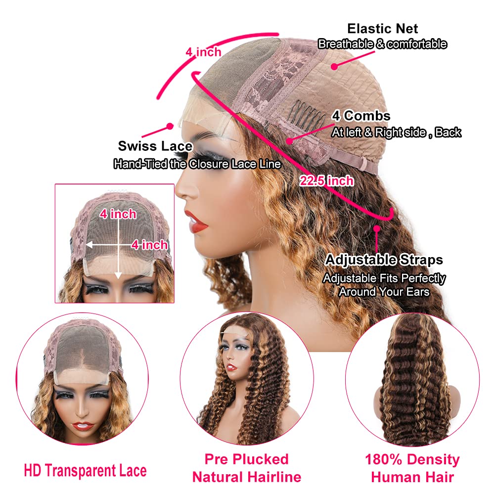 BLY Highlight Human Hair Lace Front Wigs - 22 Inch Deep Wave #4/27 Ombre Glueless Wig with Pre-Plucked Hairline, 4x4 Transparent Lace, 180% Density Honey Blonde Curly Water Wave - Perfect for Daily Wear, Cosplay & Special Occasions