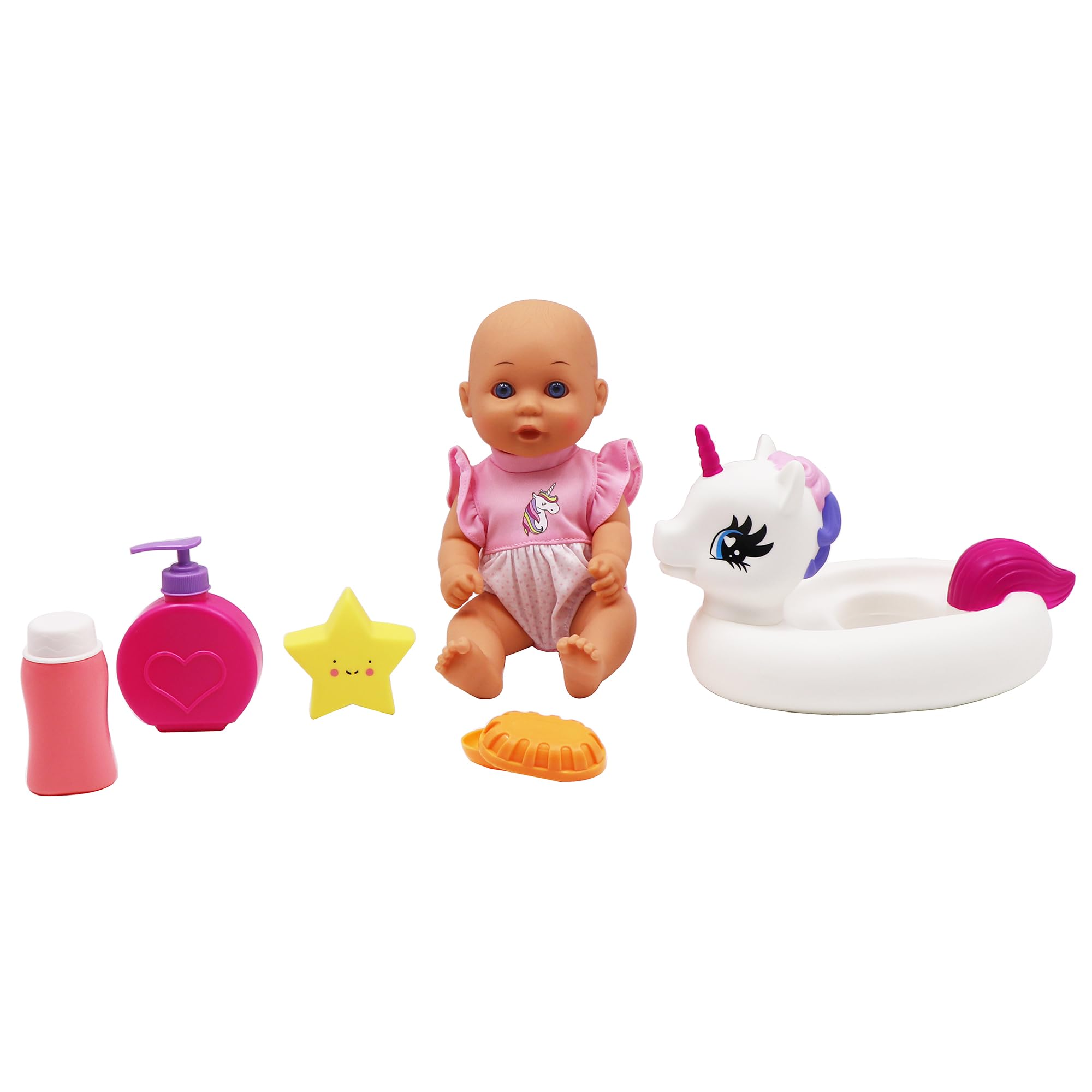 Dream Collection Water Baby Doll in Unicorn Floater - Realistic Pretend Play Toy with Posable Soft Body, Star Accessories & Soap Case - Perfect for Bath Time, Pool Play & Imaginative Role Play (12 Inches)