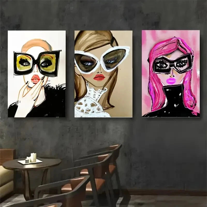 3pcs Stylish Women with Large Fashion Glasses Wall Art Set - 40x60cm Framed Canvas Prints, High Quality Australian Made Home Decor for Living Room, Bedroom & Office - Ready to Hang Modern Artwork