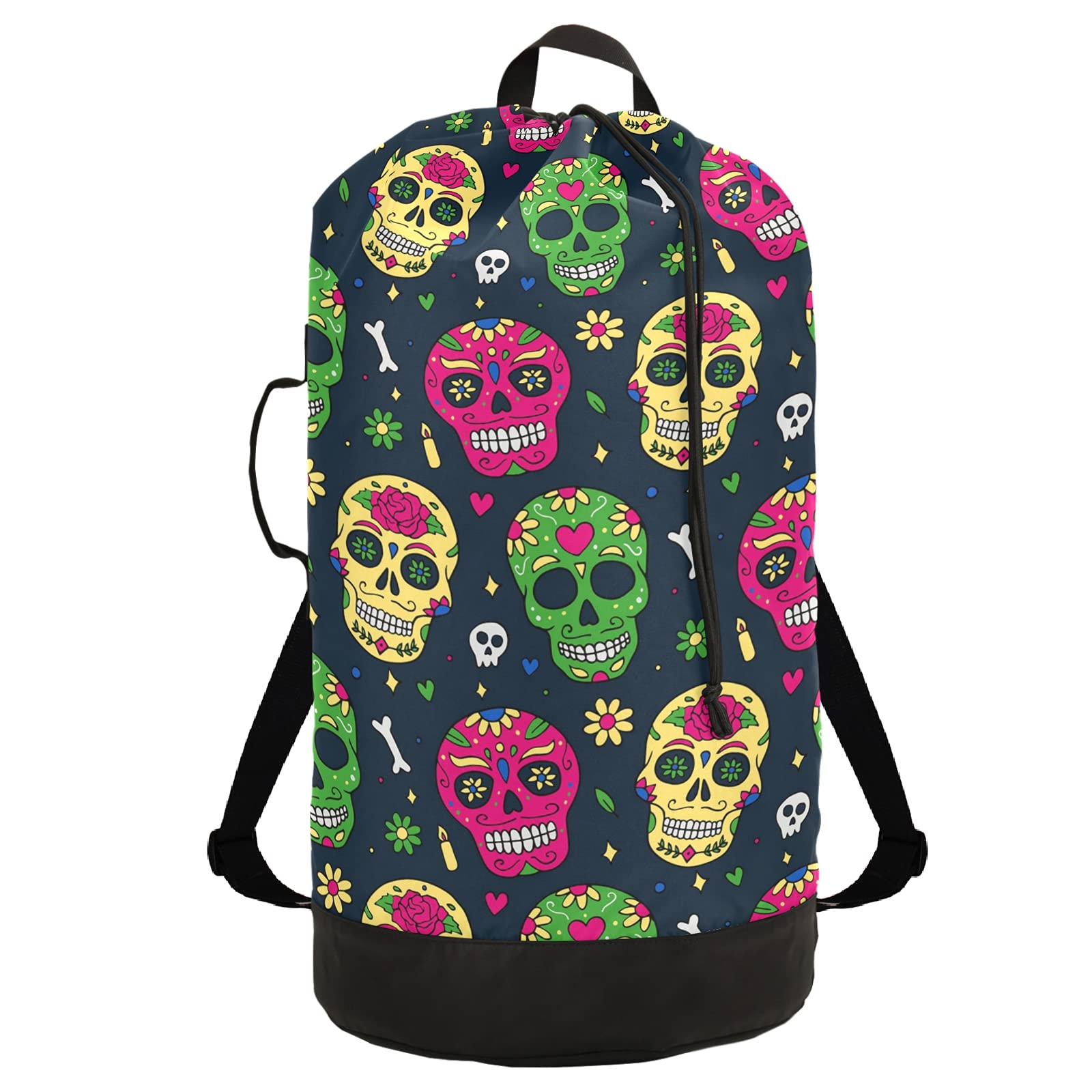 Premium Heavy Duty Sugar Skull Halloween Laundry Backpack with Adjustable Shoulder Straps & Drawstring Closure - Durable Dirty Clothes Organizer for Travel, Camping, College Dorm & Apartment - Perfect for Laundry Day, Halloween Decor & Gothic Style Storage