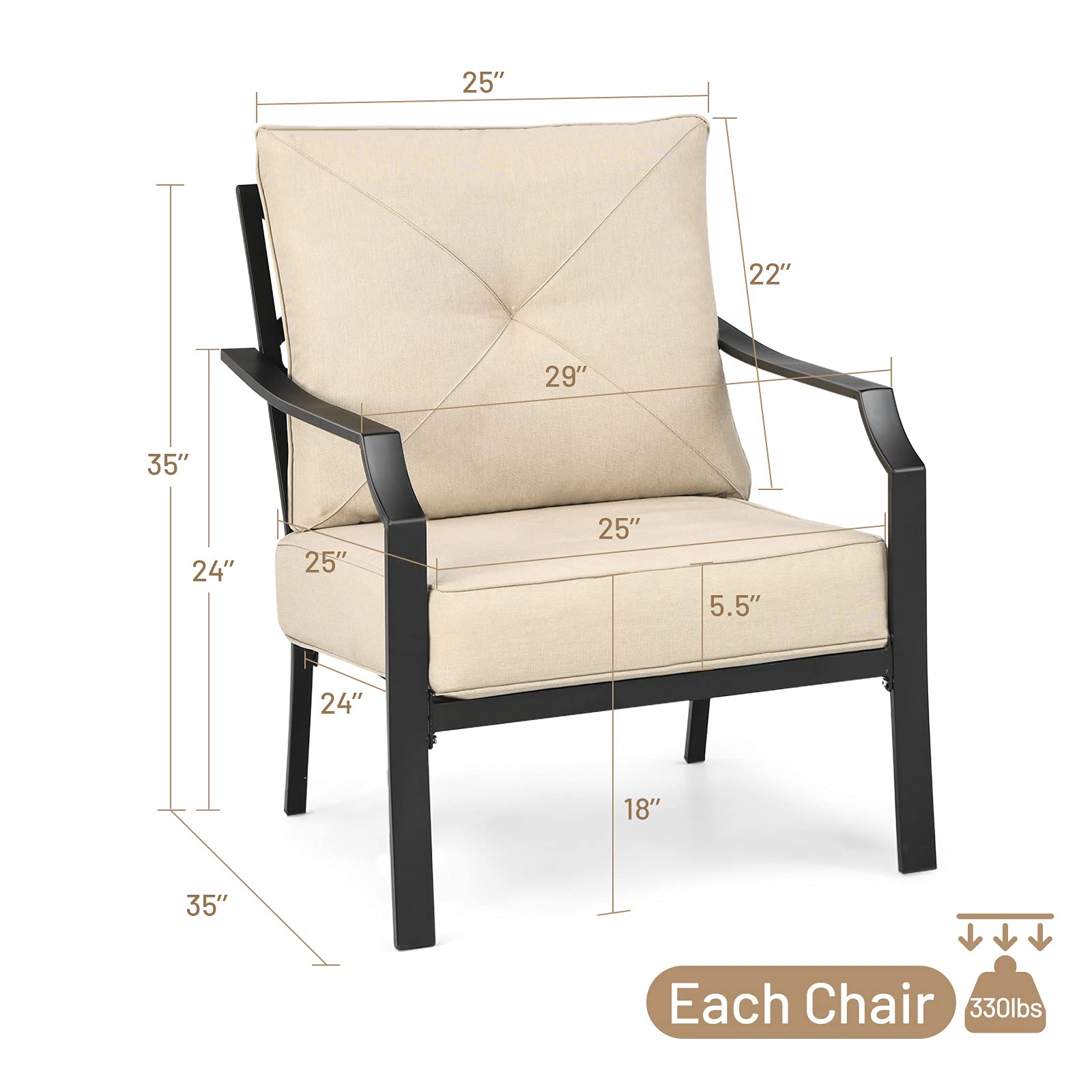 Tangkula 2-Piece Outdoor Dining Chairs Set - Steel Frame Patio Bistro Armchairs with Thick Cushions for Garden, Porch, Backyard & Balcony | Weather-Resistant Beige Lounge Chairs for Relaxing & Entertaining