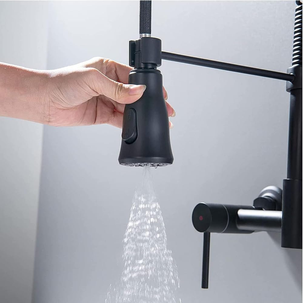 **BIVVI 8-Inch Wall Mount Kitchen Faucet with Pull Down Sprayer, Double Handle Mixer Tap, 360° Swivel Spring Design - Matte Black for Modern Farmhouse & Industrial Style Kitchens**