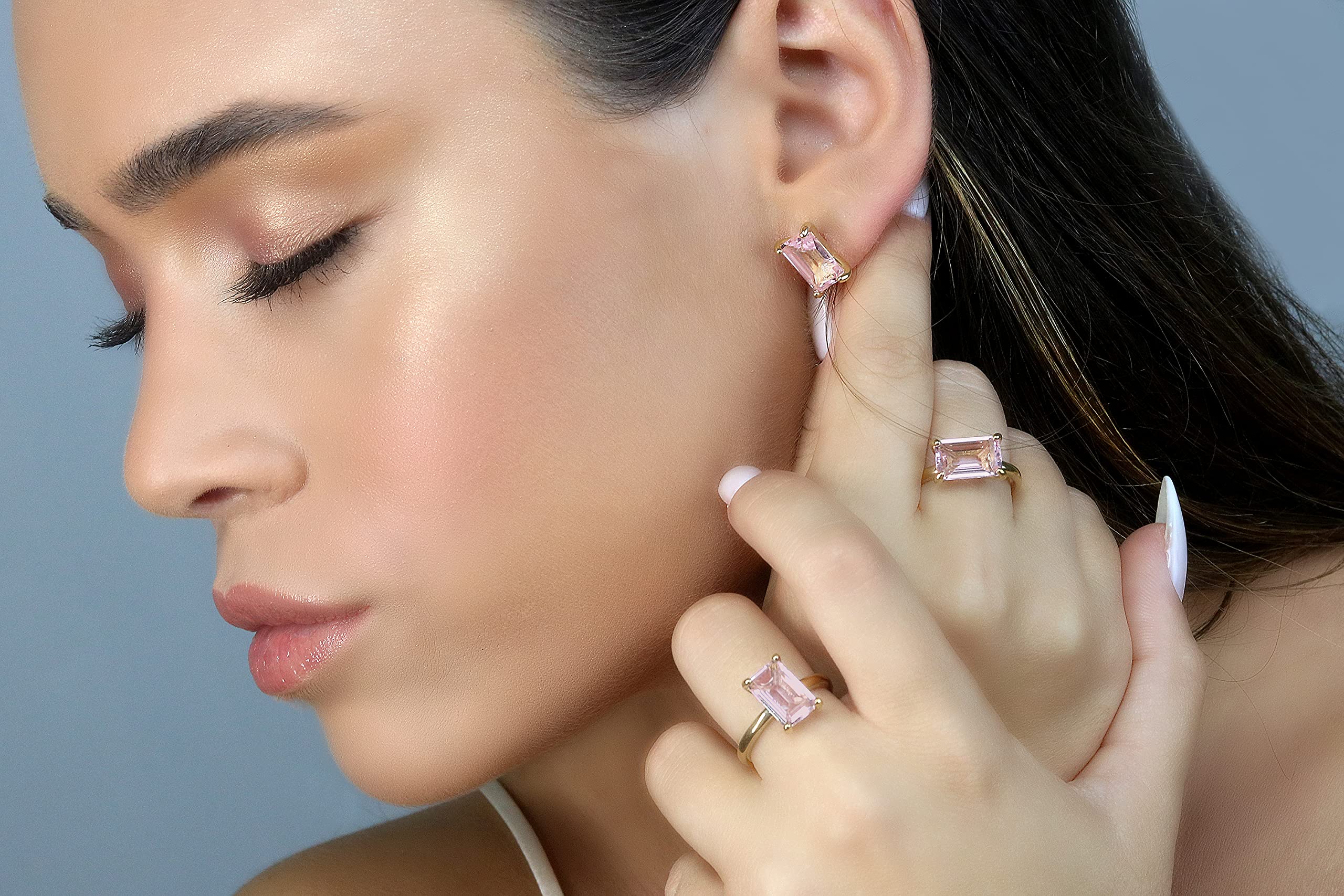 14K Rose Gold Handmade Rose Quartz Rectangle Ring for Women - Unique Anemone Design, Perfect for Prom, Birthdays & Anniversaries - Elegant Jewelry Gift with Box (Ideal for Romantic Occasions & Special Celebrations)