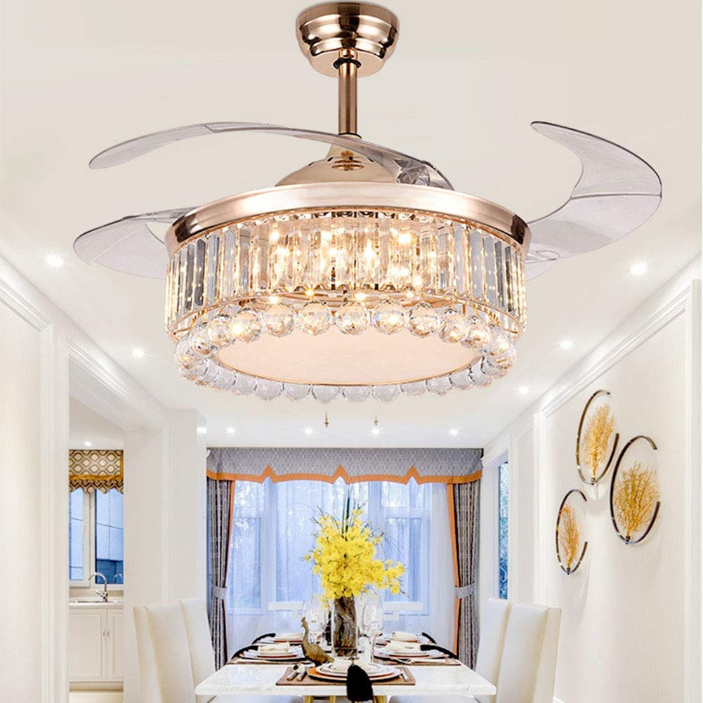 OUKANING 42 Inch Gold Crystal Ceiling Fan with LED Lights - Dimmable Retractable Chandelier Fan with Remote Control, Ultra Quiet for Bedroom, Dining Room & Living Room | Modern Home Decor & Cooling Solution