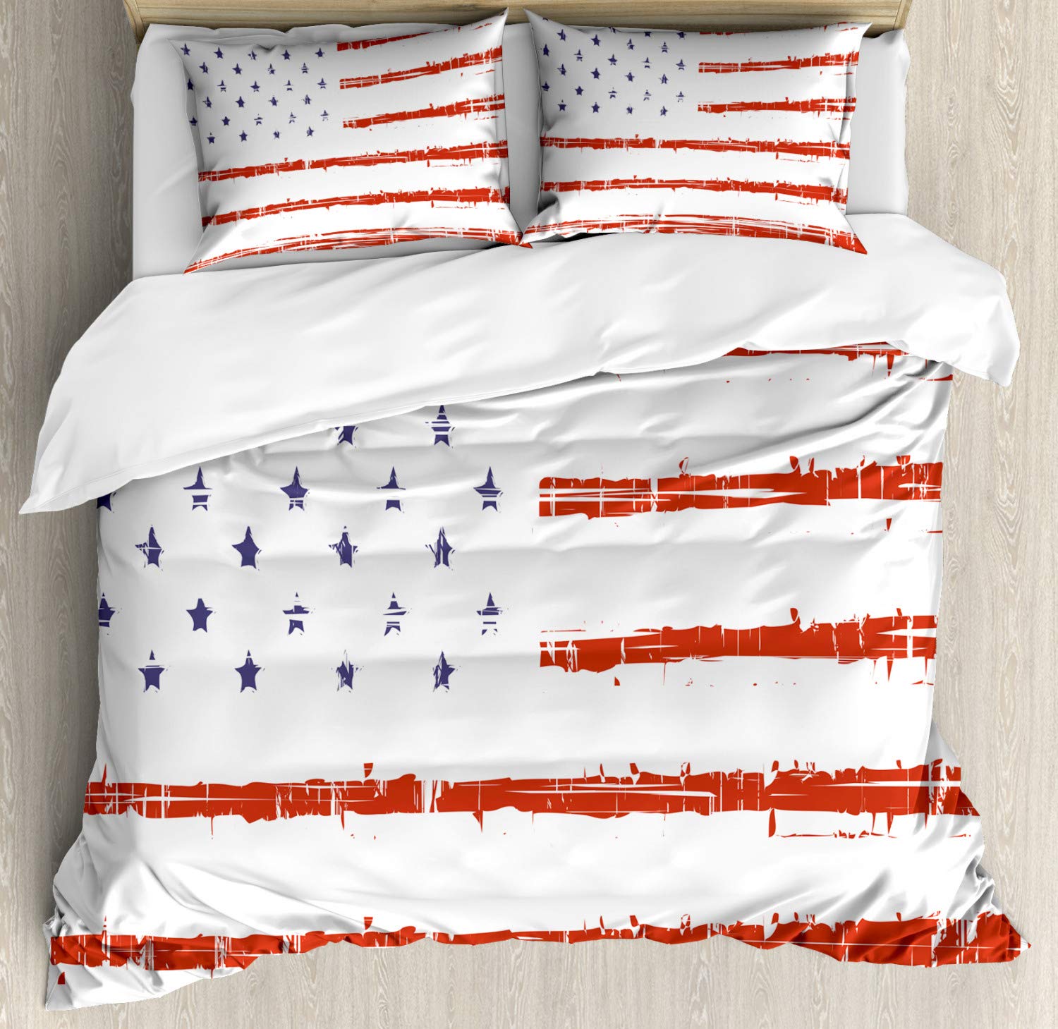 Ambesonne American Flag Duvet Cover Set - Queen Size 3-Piece Bedding with 2 Pillow Shams, Vector Grunge Texture USA Design in White, Blue & Red | Patriotic Home Decor for Bedroom, Dorm & Guest Room