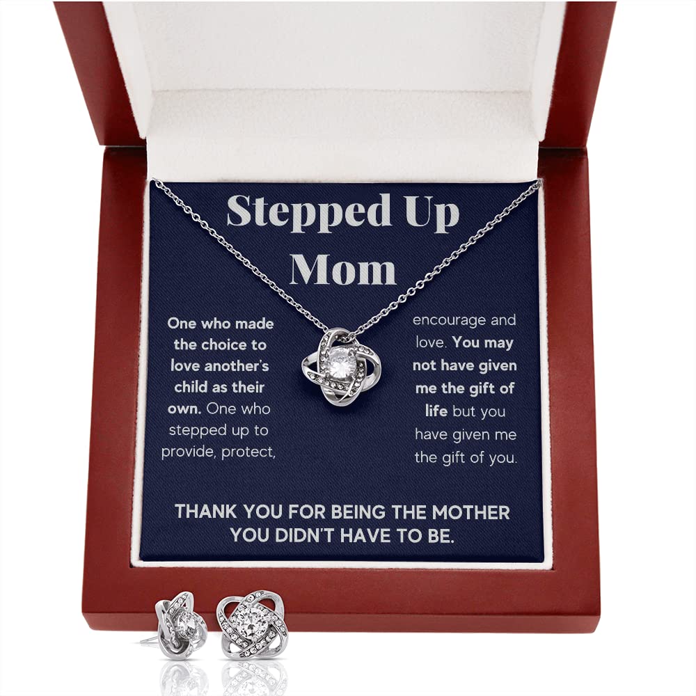 Bonus Mom Necklace Gift for Stepmother - Sterling Silver Pendant with Message Card & Gift Box - Perfect Mothers Day Present from Stepdaughter/Stepson - Elegant Jewelry with LED Box & Matching Earrings (Ideal for Birthday, Anniversary, or Thank You Gift for Bonus Mom)