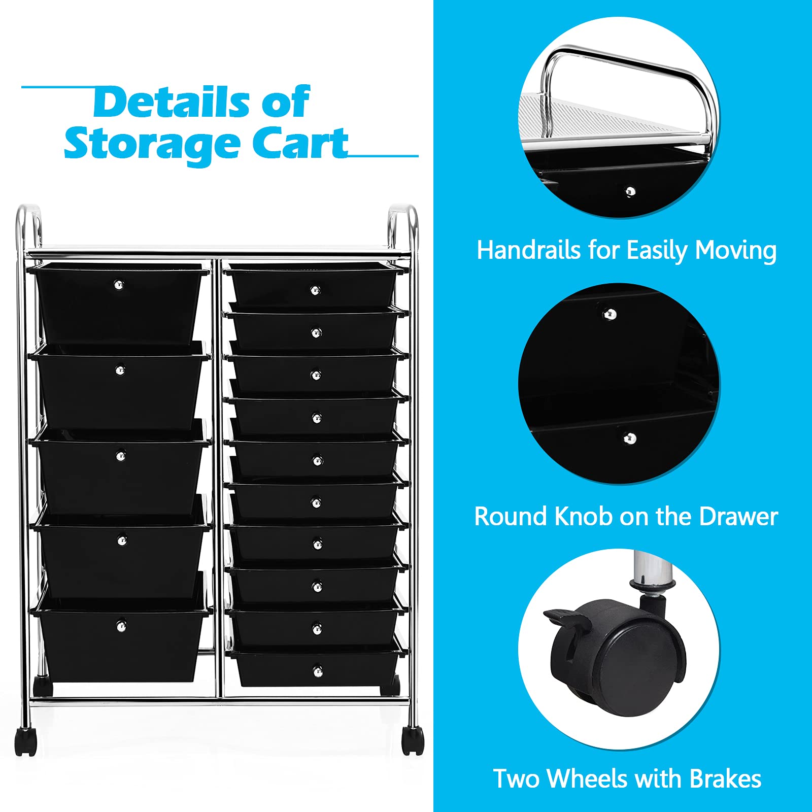 15-Tier Rolling Storage Cart with 4 Wheels - Moccha Drawer Organizer for Cosmetics, Office Supplies & Files - Perfect for Home, Studio & Office Organization - Black Storage Solution for Small Spaces