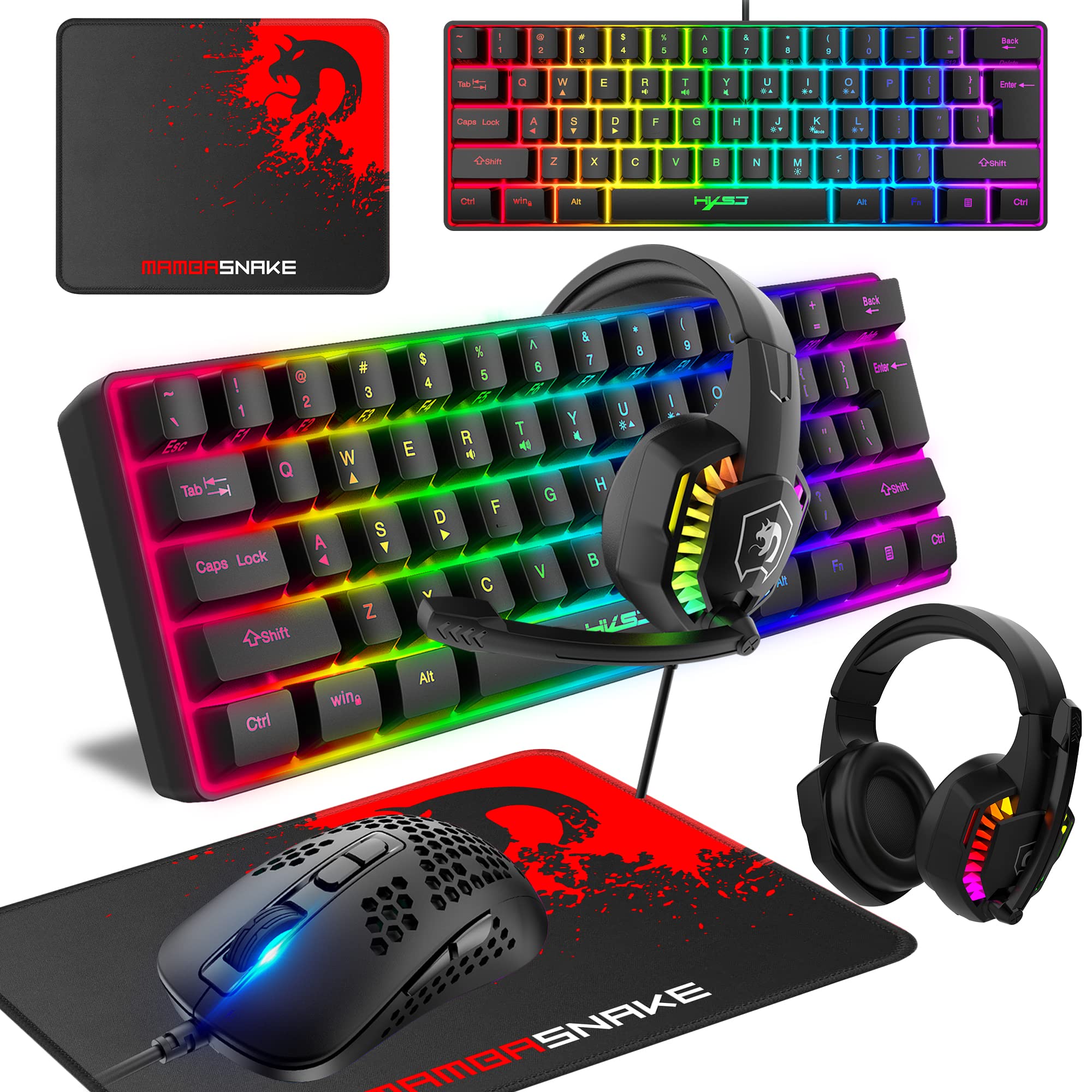 KUIYN 60% Wired Compact Gaming Keyboard & Honeycomb Optical Mouse Combo - 61 Keys RGB Backlit, Anti-Ghosting, Includes Mouse Pad - Perfect for PC Gamers, Esports & Streaming Setups