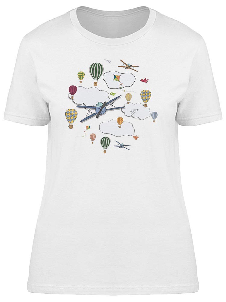Women's Airplane & Hot Air Balloon Graphic T-Shirt - Casual Comfort Tee for Travel Lovers & Aviation Enthusiasts | Perfect for Outings, Vacations & Everyday Wear