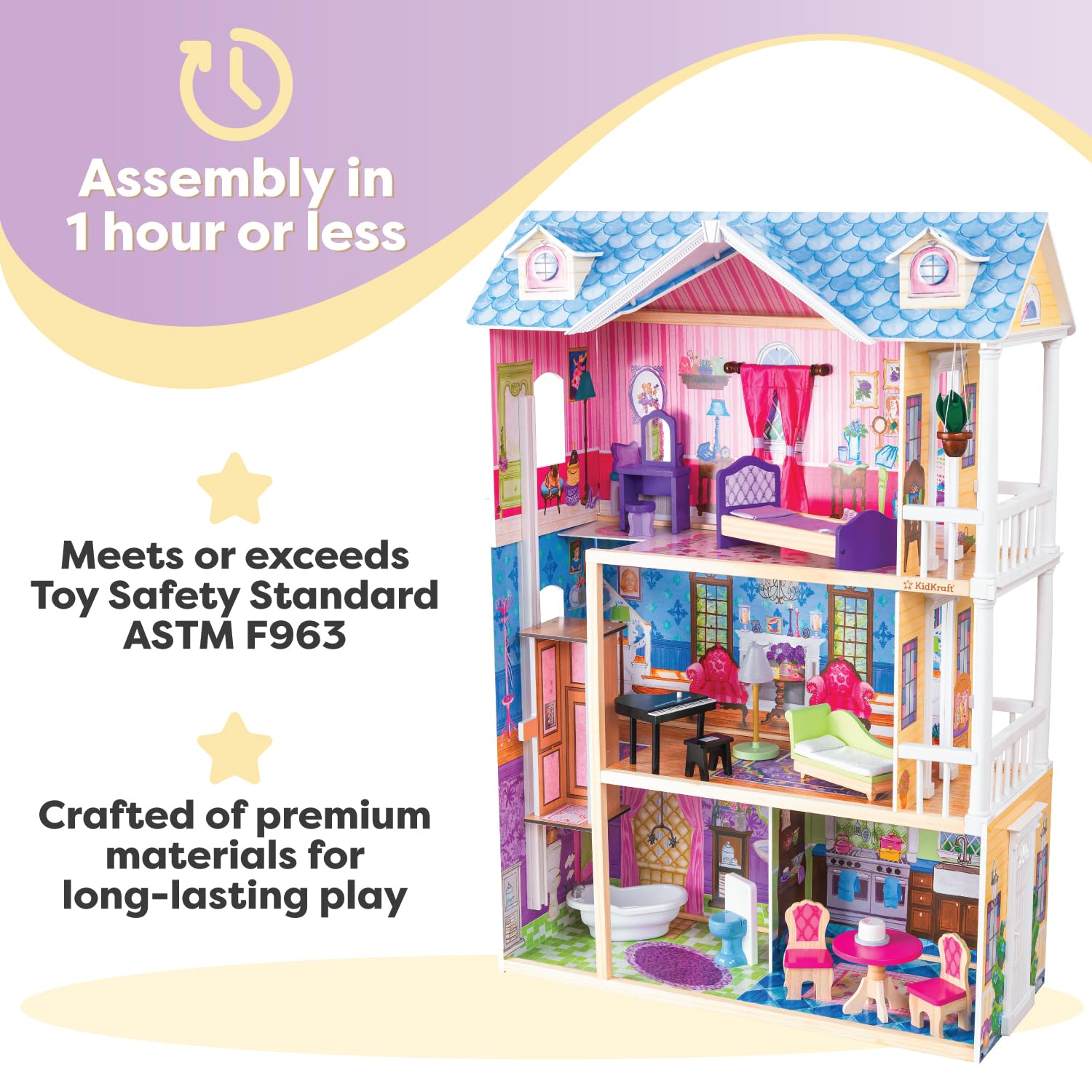 KidKraft My Dreamy Wooden Dollhouse with Lights & Sounds - 3-Story Wooden Doll House with Elevator, 14 Accessories - Perfect Gift for Girls Ages 3+ | Pretend Play, Imaginative Play, Birthday Gift Idea