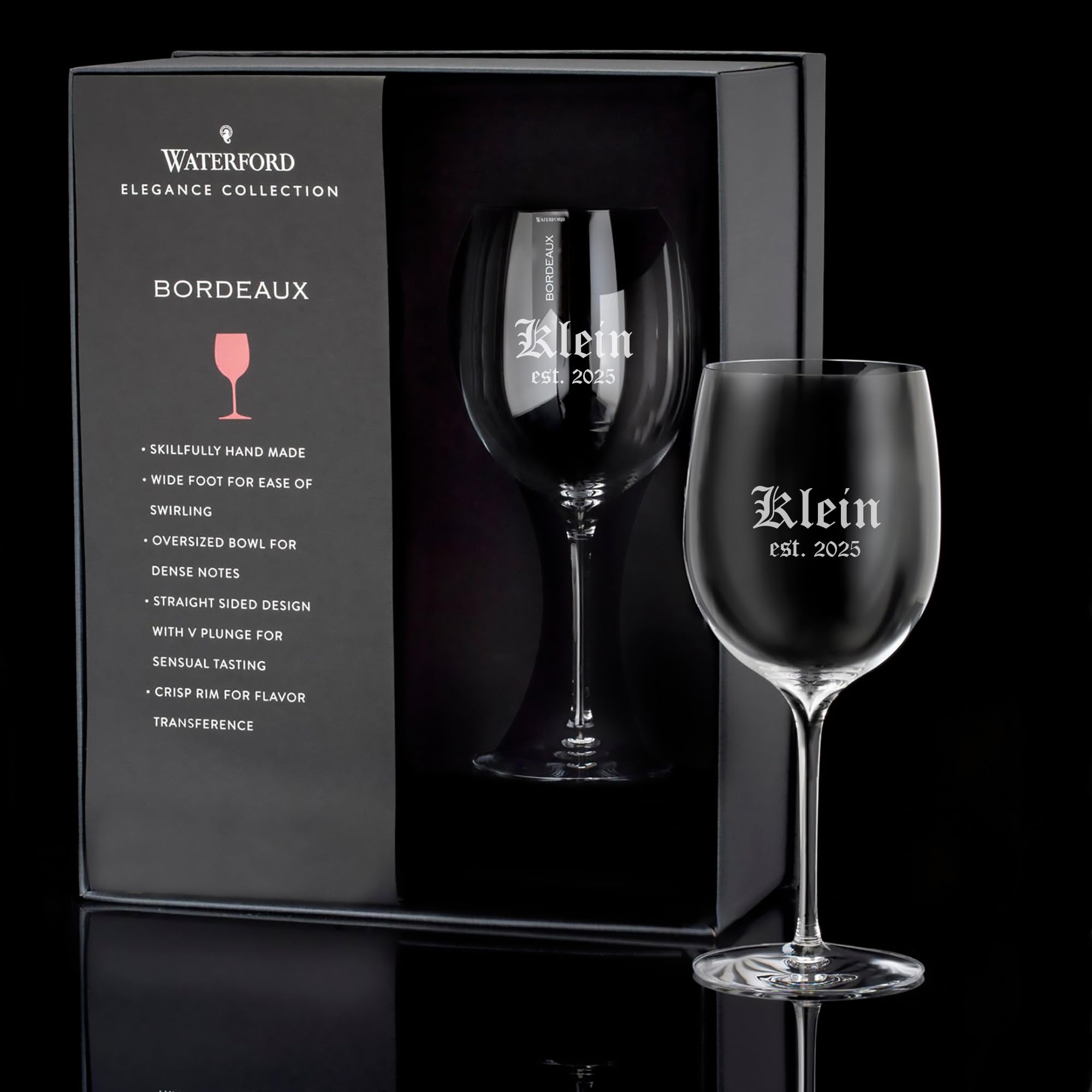 Waterford Personalized Elegance Bordeaux Wine Glasses Set of 2 - 21.9oz Custom Engraved Crystal Red Wine Glasses for Bordeaux, Merlot, Cabernet - Perfect Gift for Wine Lovers - Ideal for Romantic Dinners, Anniversary Gifts & Wine Tasting Events