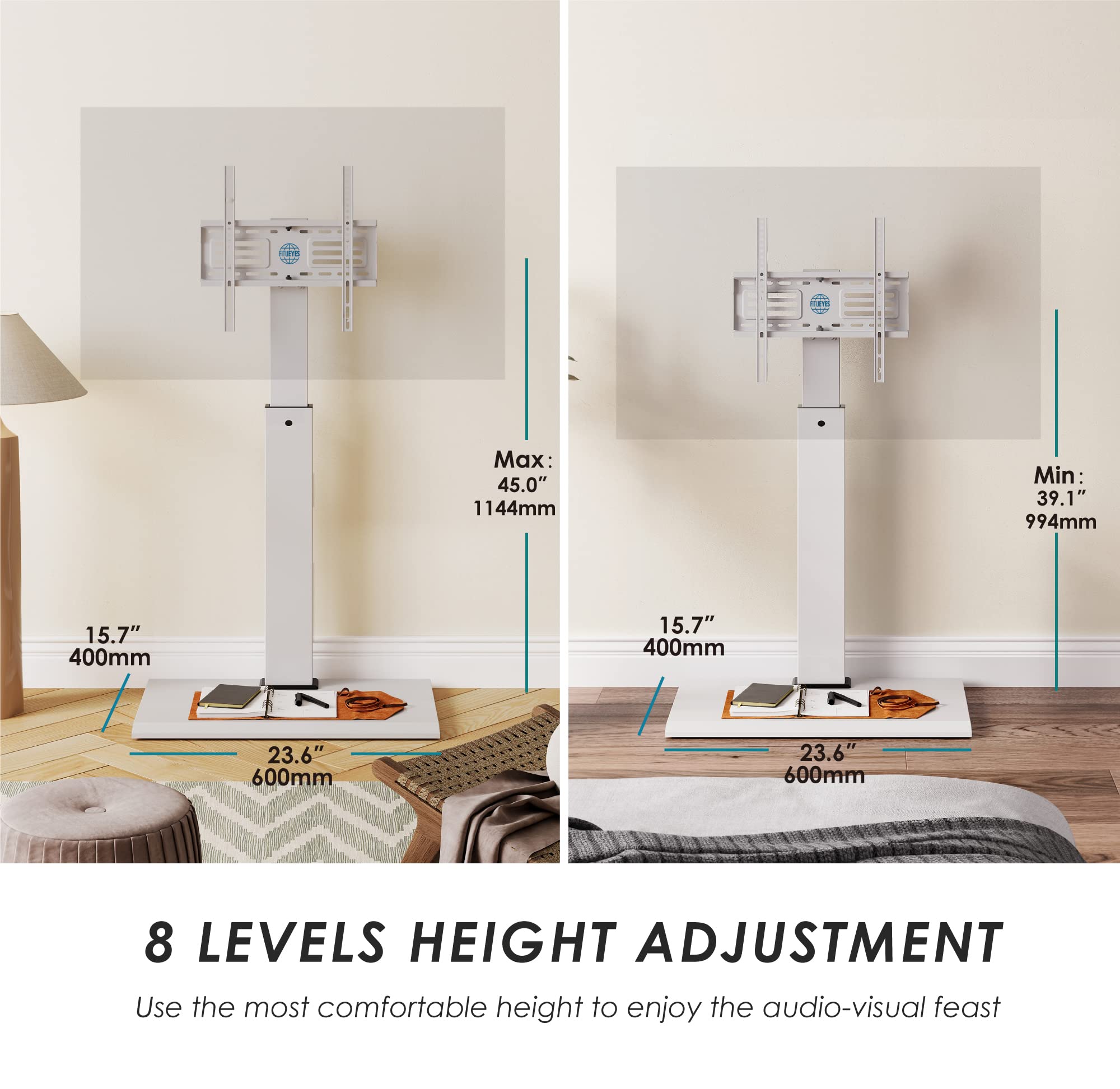 FITUEYES Universal Swivel TV Stand for 26-65 Inch TVs - Heavy Duty Iron Base with Height Adjustable Mount & Cable Management - Supports up to 110lbs - Perfect for Living Room, Bedroom or Home Theater Setup