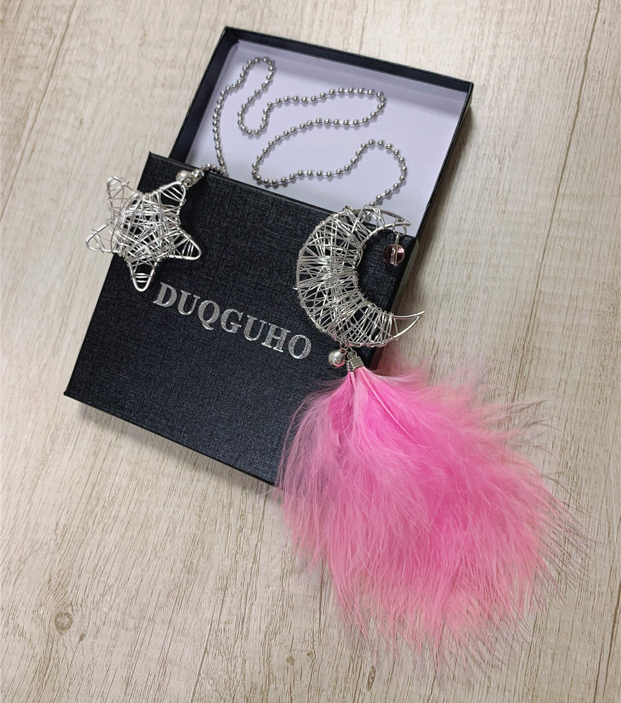 2 Pcs Bohemian Dream Catcher Car Hanging Decor - Crescent Moon & Star with Pink Feathers, Rearview Mirror Ornament for Car, Home, Bedroom, Office - Boho Chic Style for Relaxation & Positive Vibes