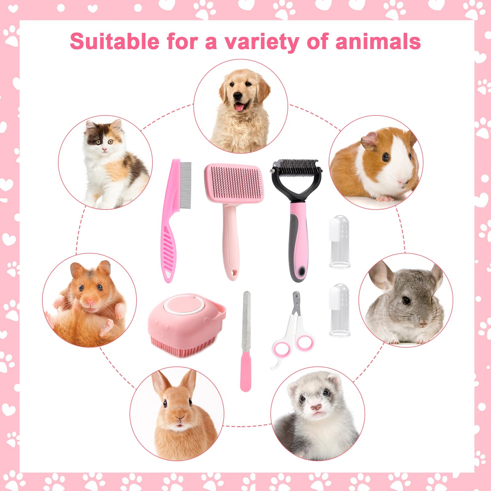 VCZONE 8 Pcs Dog Grooming Kit with Self Cleaning Tools - Professional Nail Clippers, Flea Comb, Shampoo Brush, Shedding Brush, Dematting Comb & Silicone Toothbrush for Small to Large Dogs (Pink) - Perfect for Home Pet Care, Bathing, and Coat Maintenance
