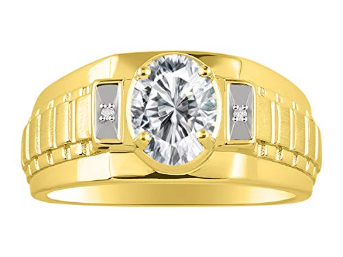 Men's Yellow Gold Plated Silver Ring with 8X6MM Oval Gemstone & Genuine Diamond - Classic Designer Birthstone Ring for Men (Sizes 8-13) - Perfect for Weddings, Anniversaries, and Special Occasions