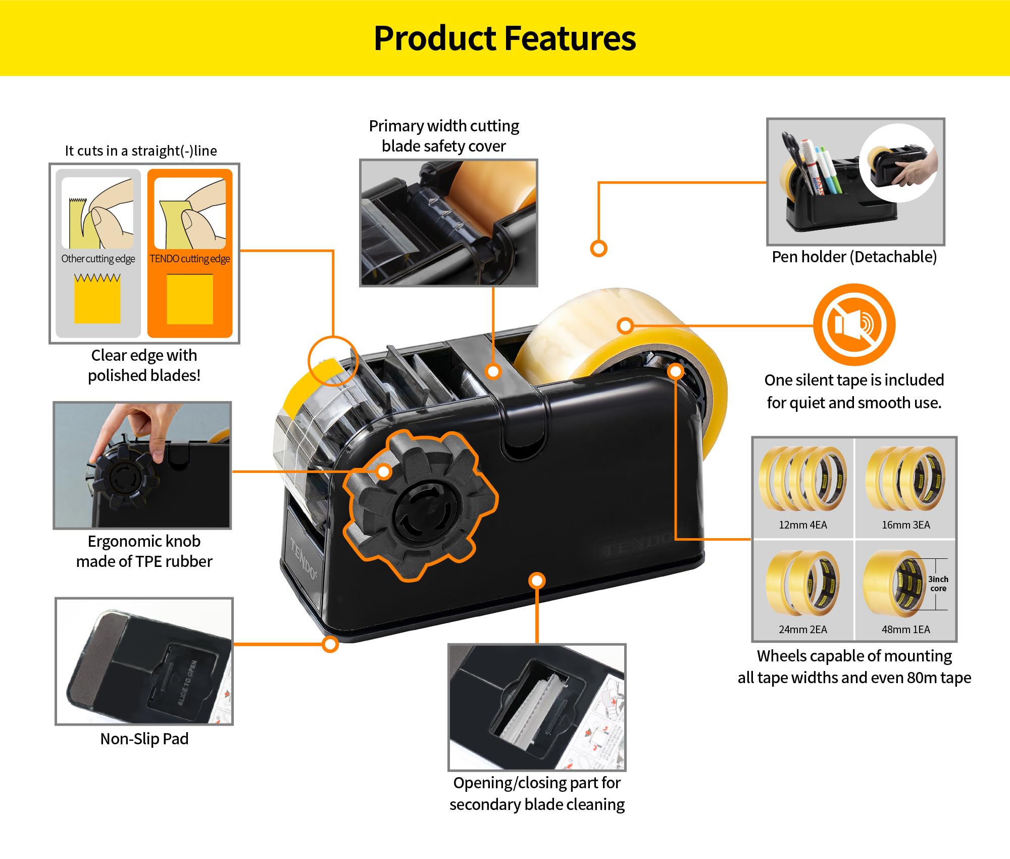 TENDO Multi-Section Tape Dispenser ZO-508 - Adjustable Tape Cutter for Custom Widths (Black) | Perfect for Packaging, Shipping & Office Organization