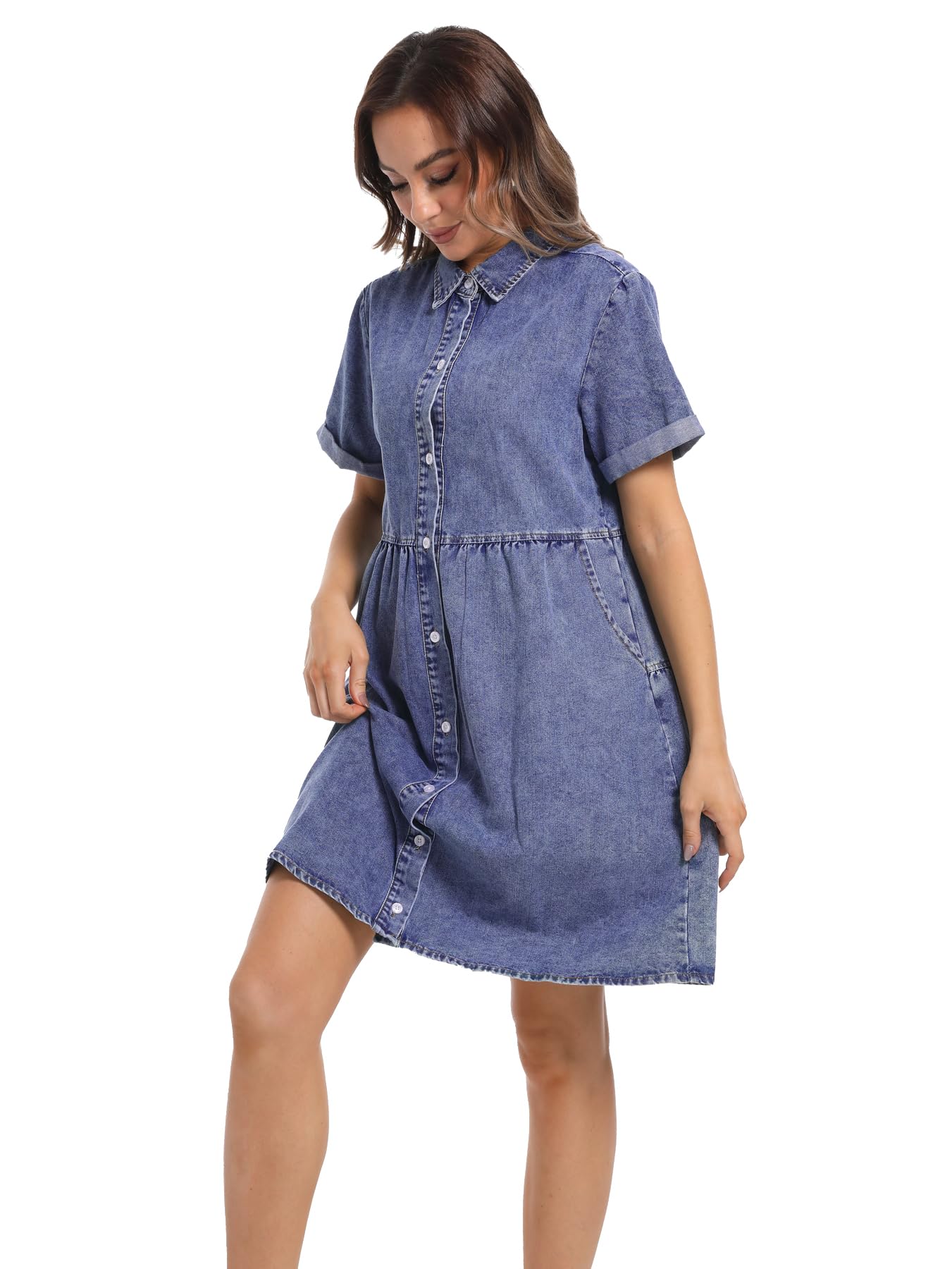 Women's Denim Dress Short Sleeve Button Down Summer Casual Jean Tunic Top - Perfect for Beach Outings, Date Nights & Everyday Wear