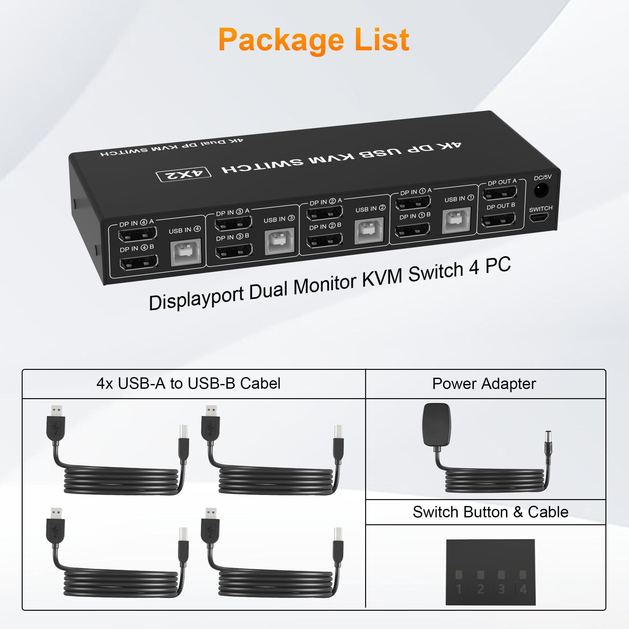 4 Port KVM Switch Dual Monitor DisplayPort 4K 60Hz - Control 4 Computers with 2 Monitors, 3 USB 2.0 Ports & Audio/Mic Support - Ideal for Home Office, Gaming & Multi-PC Workstations