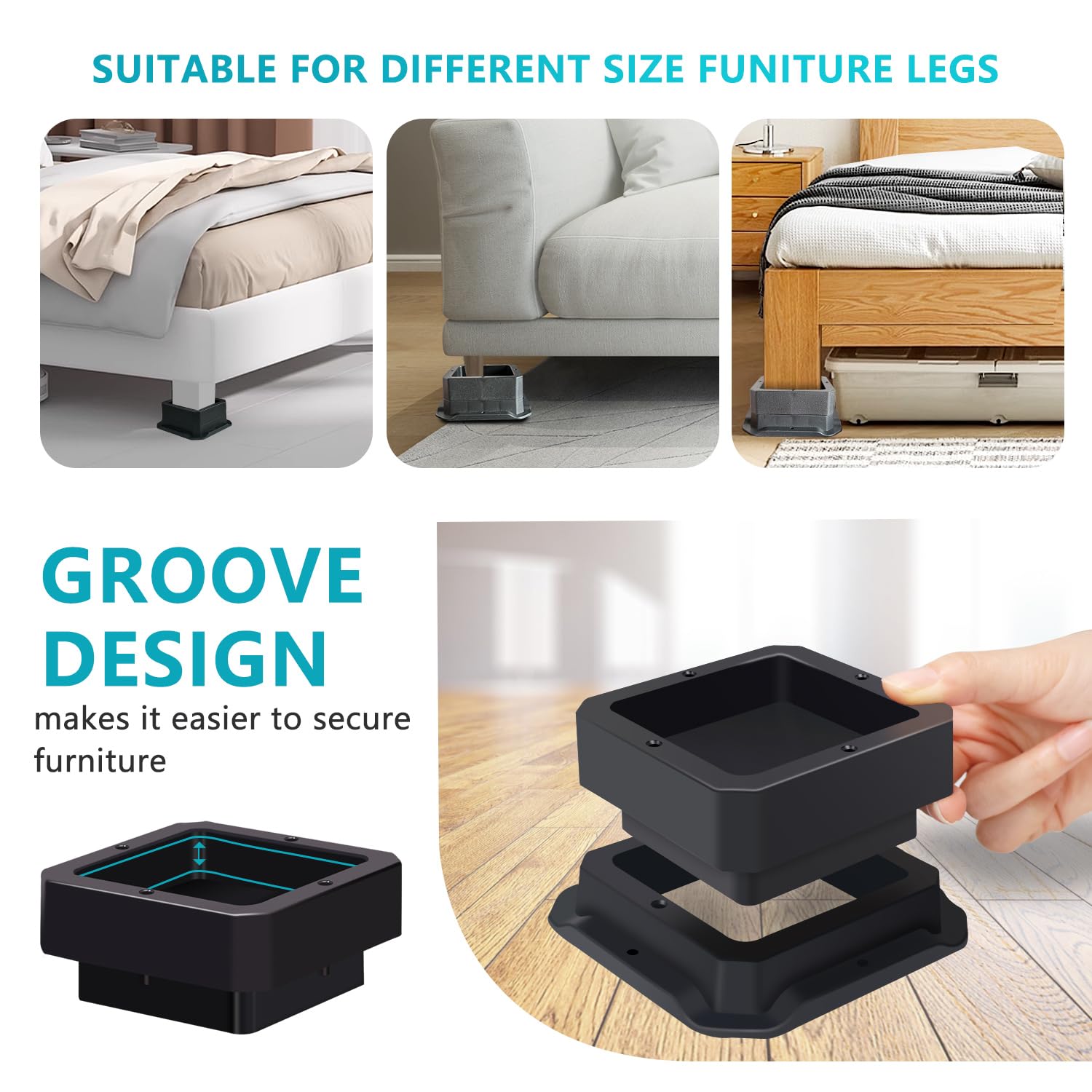 Heavy Duty 1 Inch Bed Risers - Sturdy Bed Frame Lifts for Table, Couch & Dorm Use - Black - Perfect for Extra Storage Space & Adjustable Height (Set of 4)