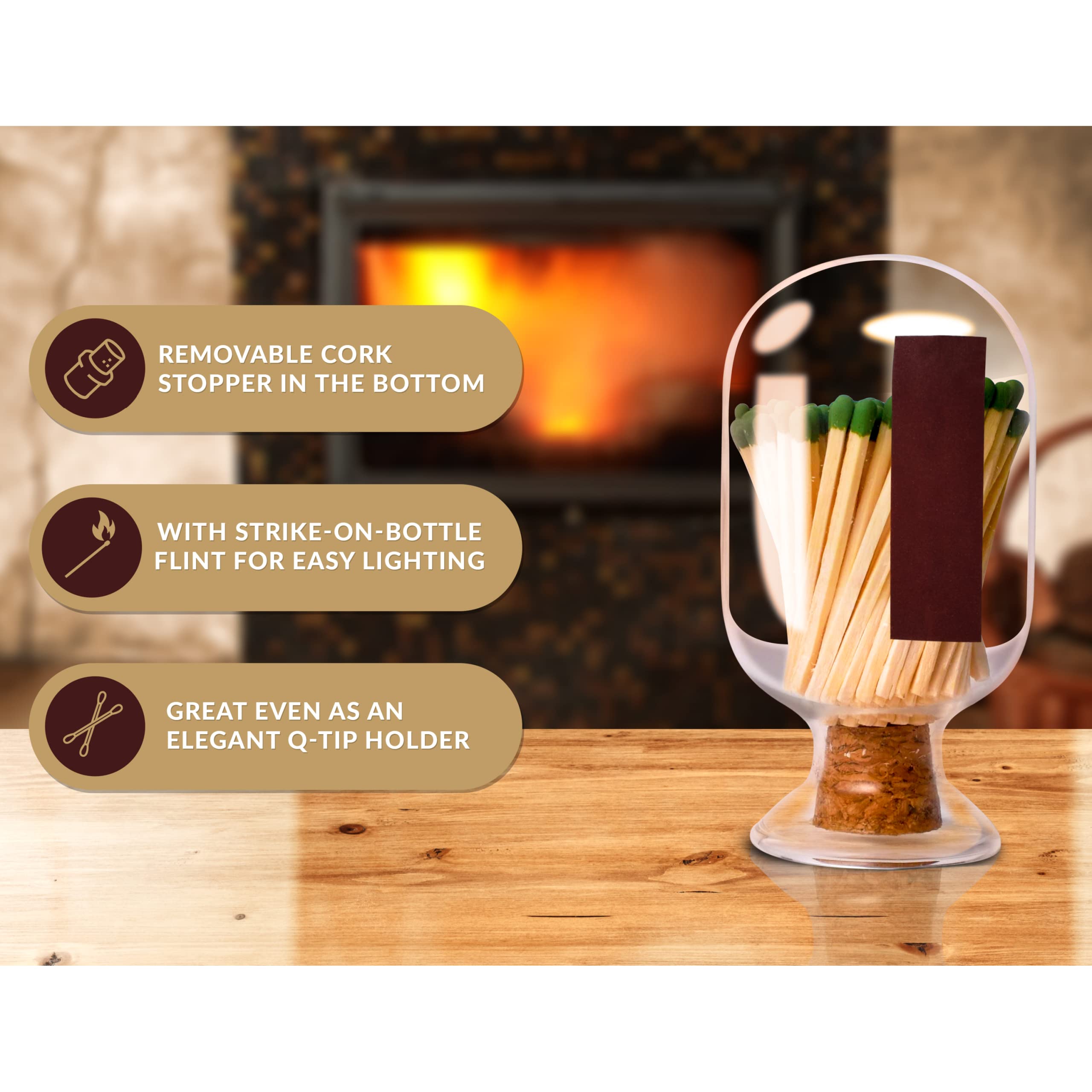 Atzi Glass Match Holder with Striker - Decorative Home Gift for Kitchen, Dining & Shabbat