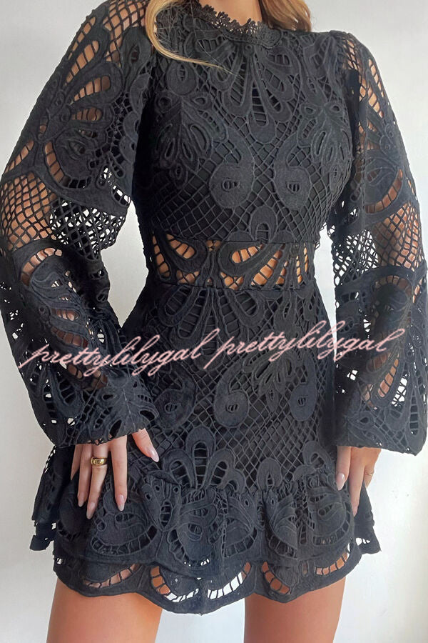 Elegant Solid Color Hollow Long Sleeve Waisted Lace Mini Dress for Women - Perfect for Parties, Dates & Special Occasions