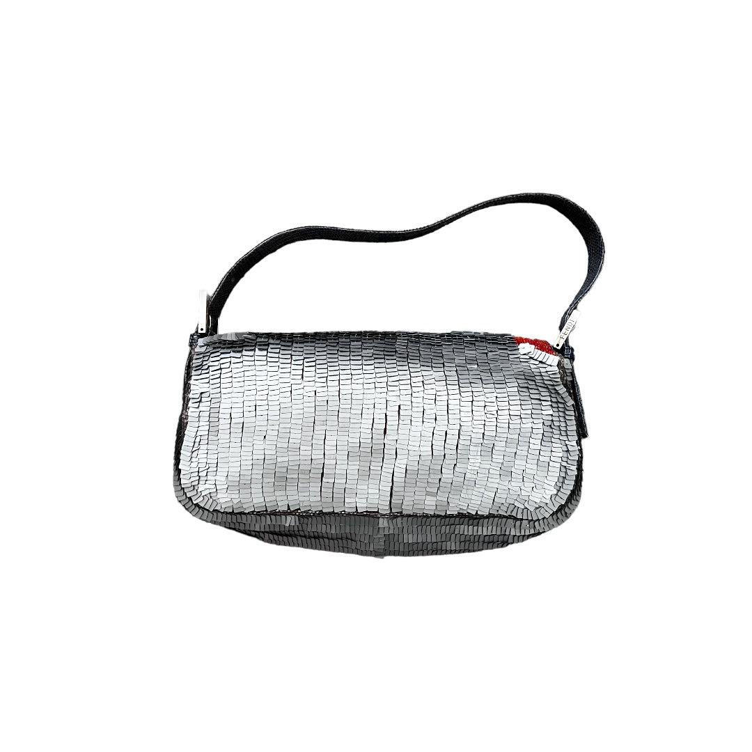 Vintage Silver Sequin Trimmed Orange Beads Baguette Bag - Rare 1970s Retro Clutch for Evening Parties & Special Occasions