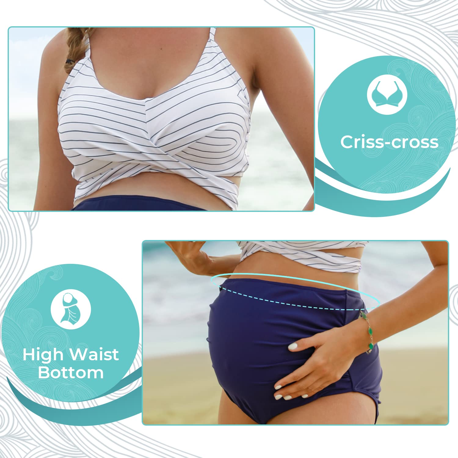 Summer Mae Maternity Criss Cross Bikini Swimsuits - High Waist String Floral Two Piece Pregnancy Swimwear for Beach, Pool & Vacation