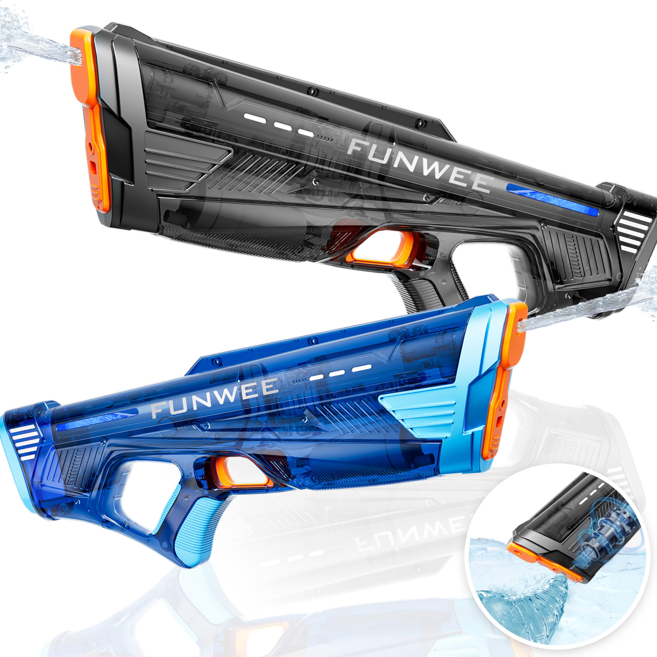 2 Pack High-Powered Automatic Electric Water Guns for Adults & Kids - Long Range 28-32 FT, 100 Shots, Rechargeable Water Blaster (Transparent Black+Blue) - Perfect for Pool Parties, Beach Games & Summer Outdoor Activities