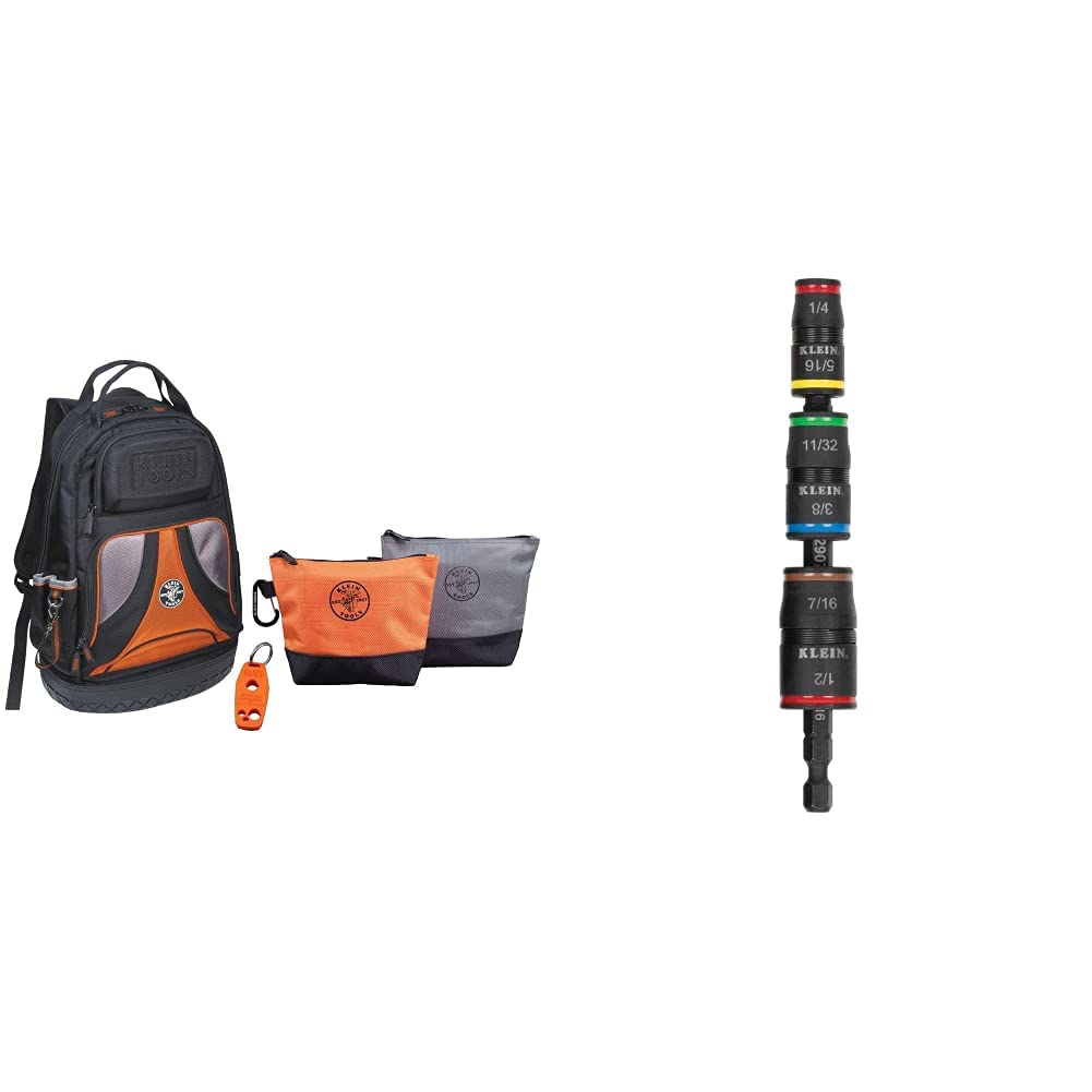 Klein Tools 80038 Professional 4-Piece Tradesman Pro Backpack Tool Kit with Zipper Tool Bags, Magnetizer & 7-in-1 Impact Flip Socket Set (6 Hex Driver Sizes + 1/4-Inch Bit Holder) - Durable Electrician & Contractor Gear for Job Sites & Home Repairs