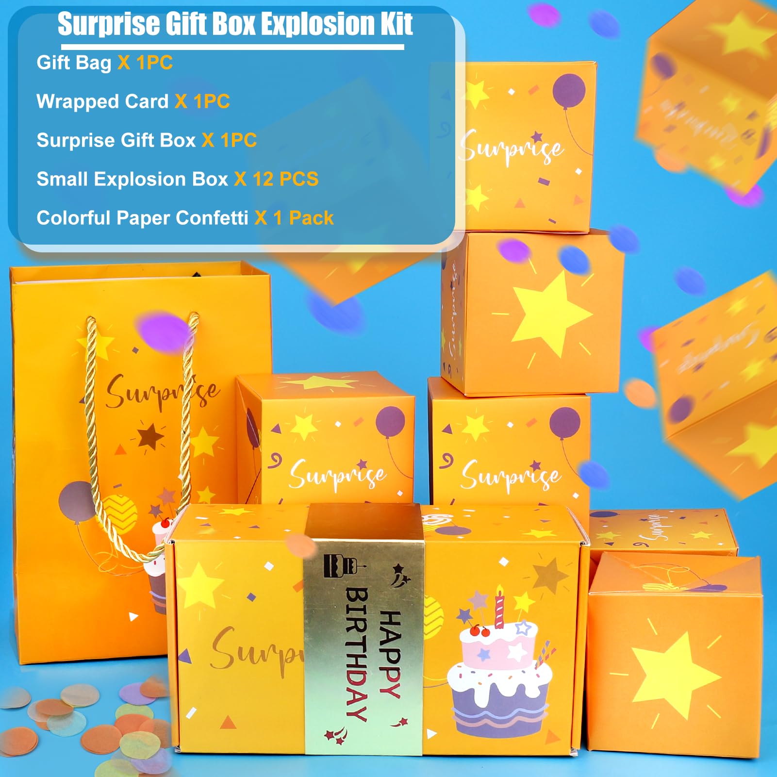 BABORUI Money Explosion Gift Box - Birthday Surprise Box with Confetti for Women, Men & Kids | Perfect for Birthday Parties, Celebrations & Special Occasions (Yellow)