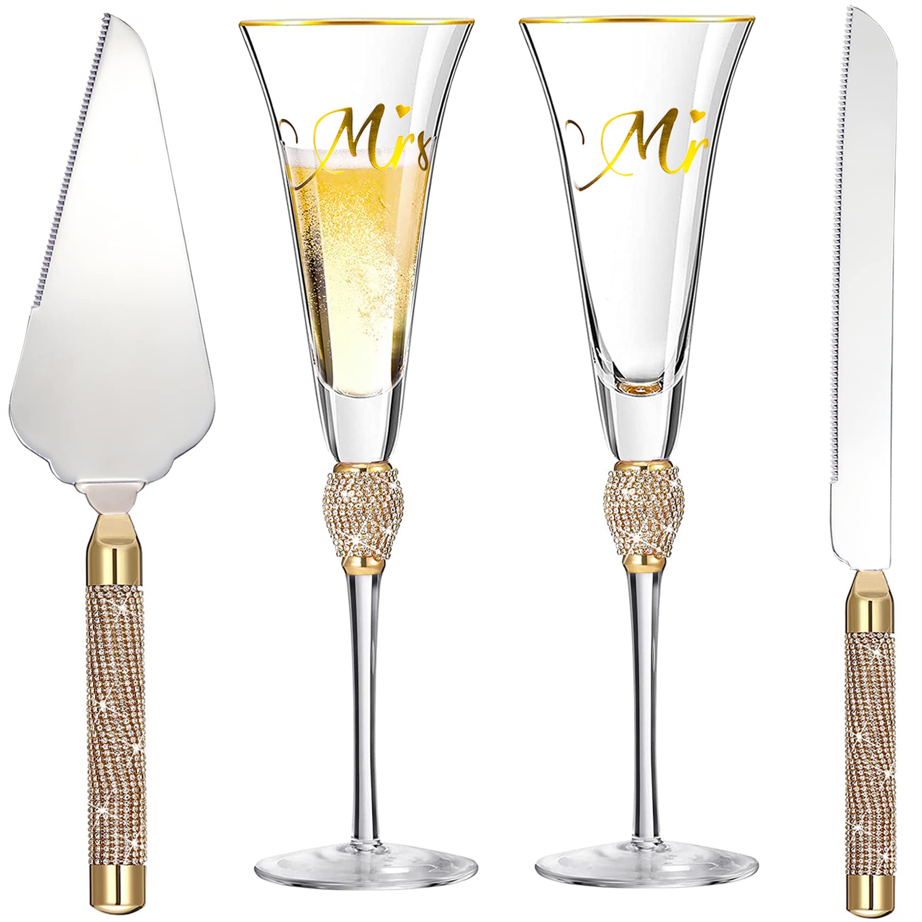 Elegant Wedding Cake Knife and Server Set with Mr & Mrs Champagne Flutes - Gold Cake Cutting Kit for Bride and Groom - Perfect for Wedding Ceremonies, Receptions, and Anniversary Celebrations
