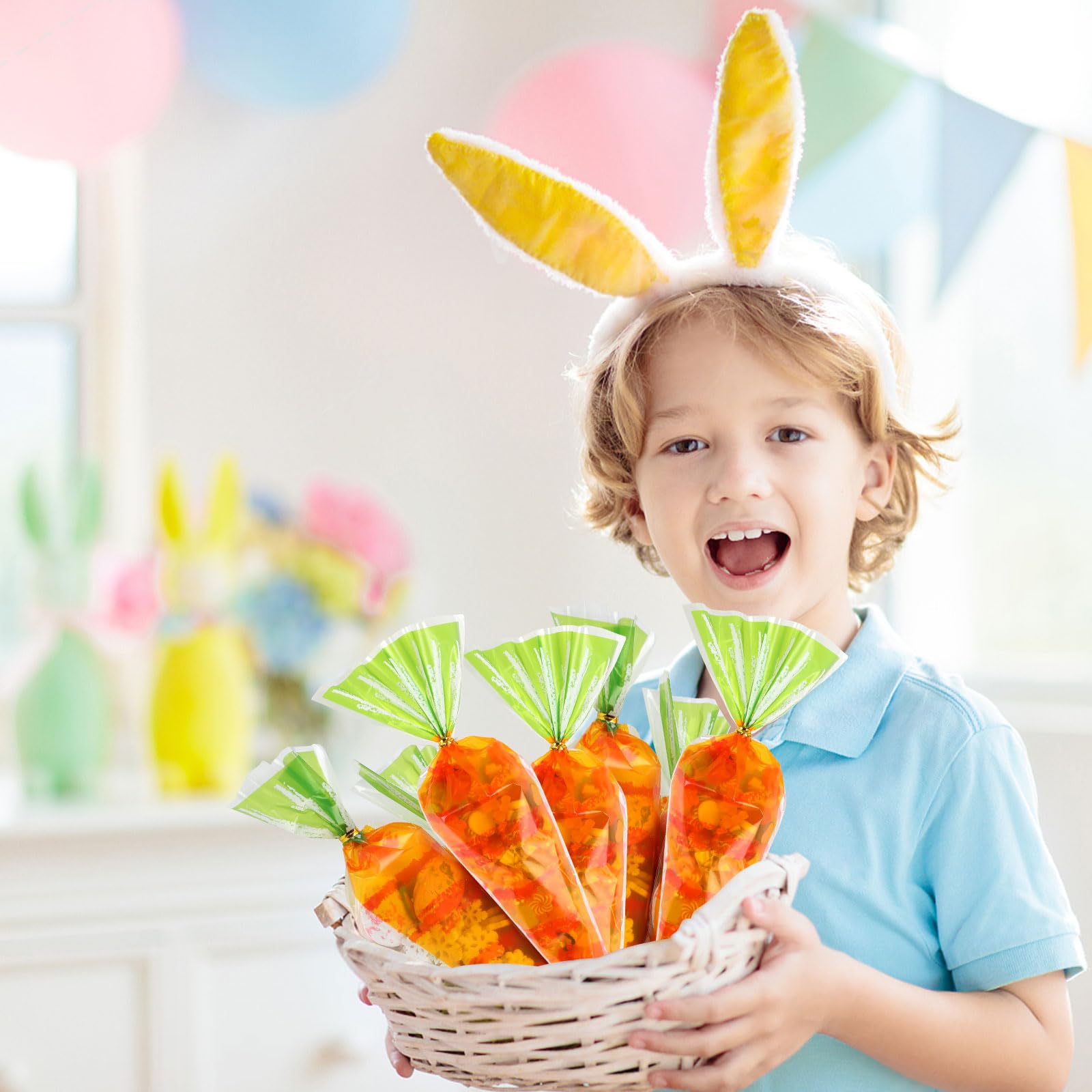 CCINEE 100 Pcs Easter Carrot Shaped Candy Bags - Translucent Cone Treat Bags with Twist Ties for Easter Party Favors, Gift Wrapping & Home Decor | Perfect for Easter Egg Hunts, Classroom Treats & Spring Celebrations