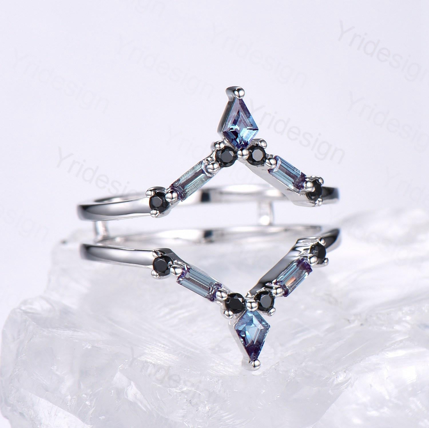 14K White Gold Alexandrite Wedding Band - Floral Double Curved Enhancer Ring for Women | Anniversary Gift, Bridal Jewelry, Engagement Ring Enhancer