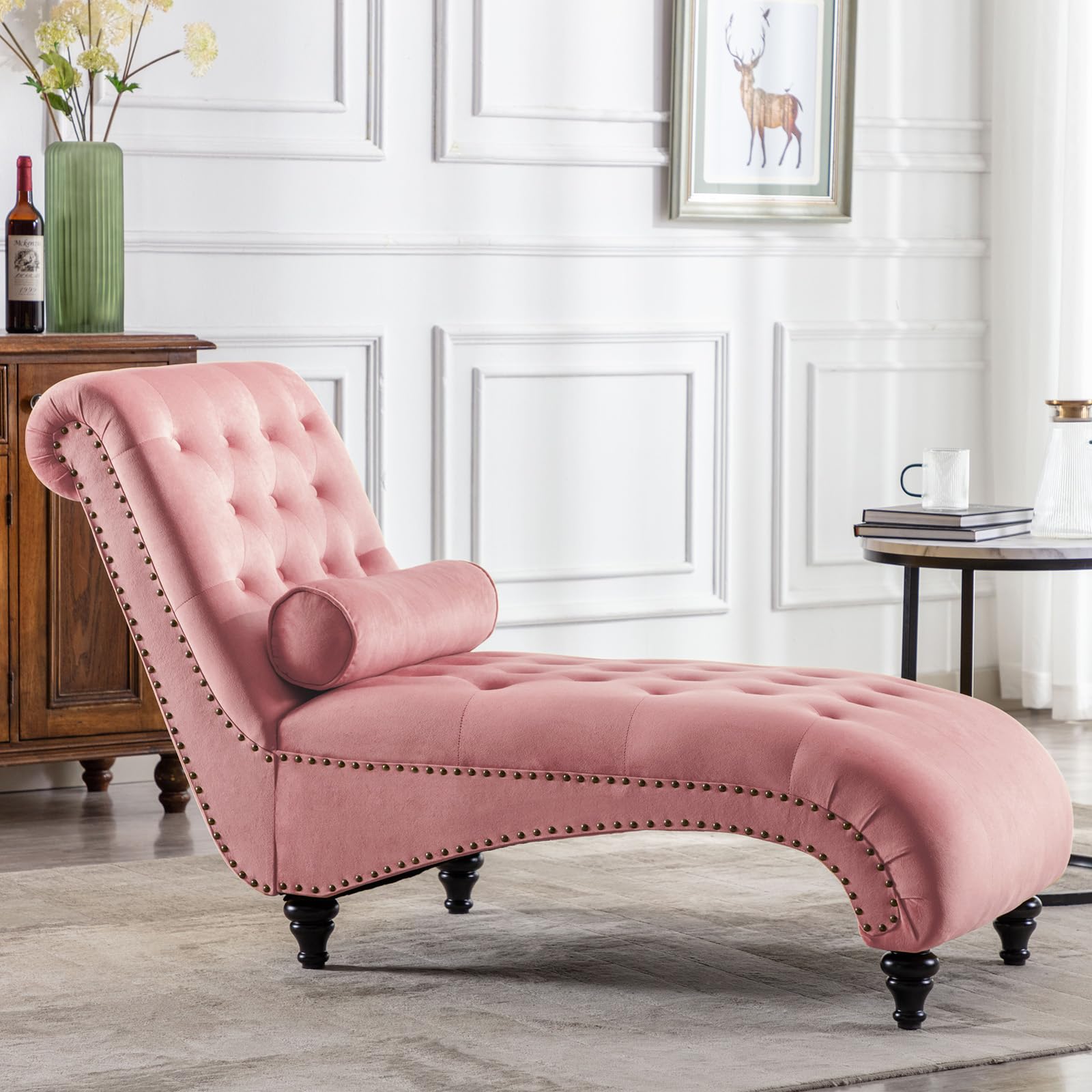 Luxury Velvet Button-Tufted Chaise Lounge Chair with Bolster Pillow - Elegant Nailhead Trim & Turned Legs for Living Room, Bedroom or Office - Comfortable Leisure Sofa Couch in Soft Pink - Perfect for Relaxing, Reading or Napping