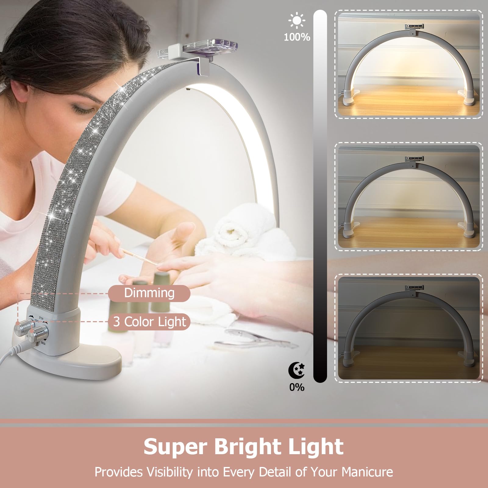 Half Moon Nail Lamp with Phone Holder - 29 Inch Adjustable Brightness (2700K-6000K) 45W LED Manicure Light with Rhinestones for Nail Technicians - Perfect for Salon, Home Nail Art & Gel Polish Curing