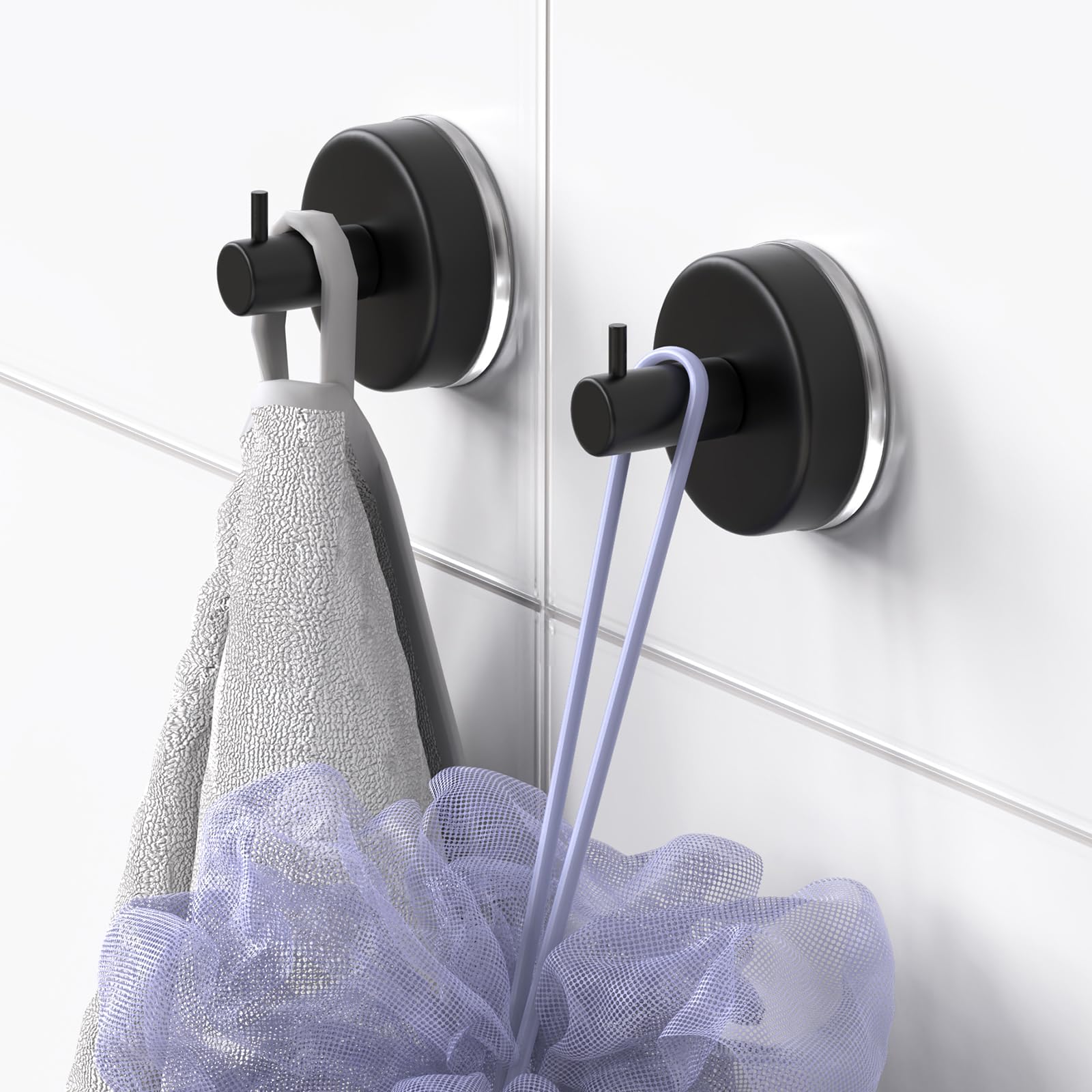 HUFEEOH 2-Pack Black Shower Towel Hooks - Removable Suction Cup Hooks for Bathroom & Kitchen