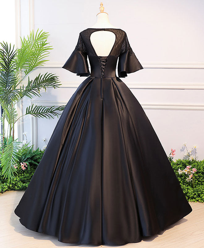 Elegant Black Round Neck Satin Lace Long Prom Dress for Sweet 16 | Formal Evening Gown for Homecoming, Quinceañera & Special Occasions