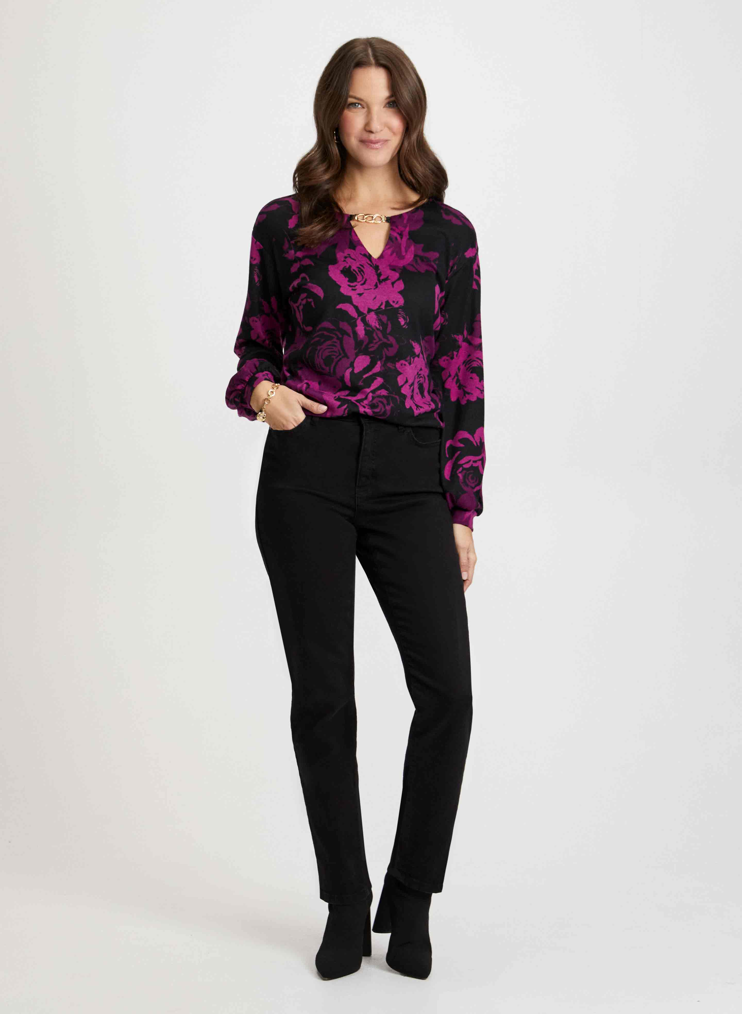 Floral Print Women's Tops & High Waist Straight Leg Jeans Set - Casual Spring Outfit for Date Night and Weekend Brunch