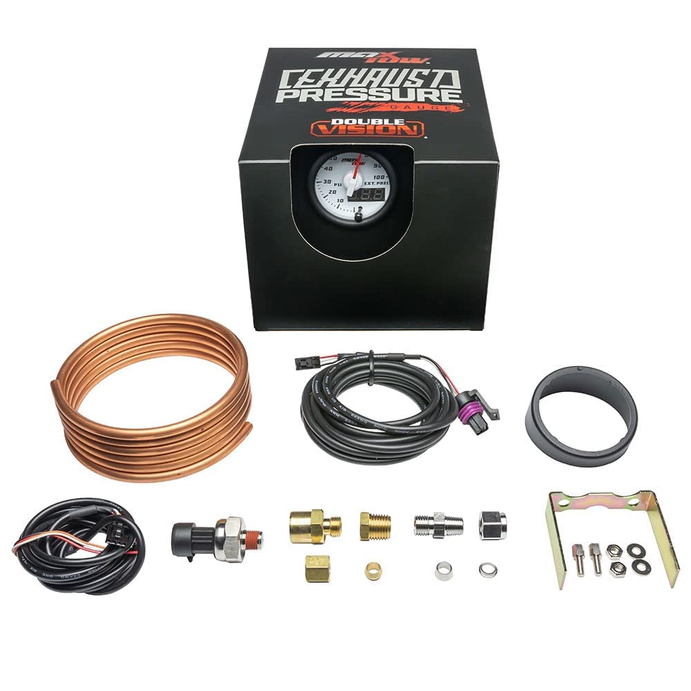 MaxTow Double Vision 100 PSI Exhaust Drive Pressure Gauge Kit with Sensor, Copper Hose & Fittings - White Face, Blue LED Dial - Analog & Digital Readout for Diesel Trucks (2-1/16