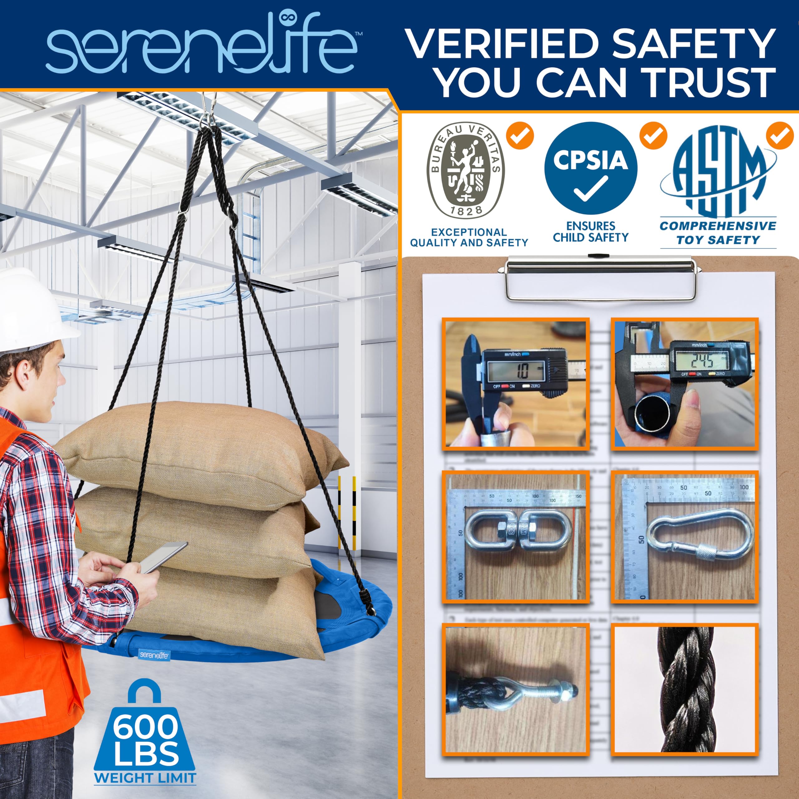 SereneLife 40 Inch Outdoor Saucer Swing with Universal Hanging Kit - Heavy Duty 700 lbs Capacity, Weatherproof & Water-Resistant Spinner Swing Seat with Pillow & Carry Bag - Perfect for Backyard, Garden, Playground & Kids Outdoor Play