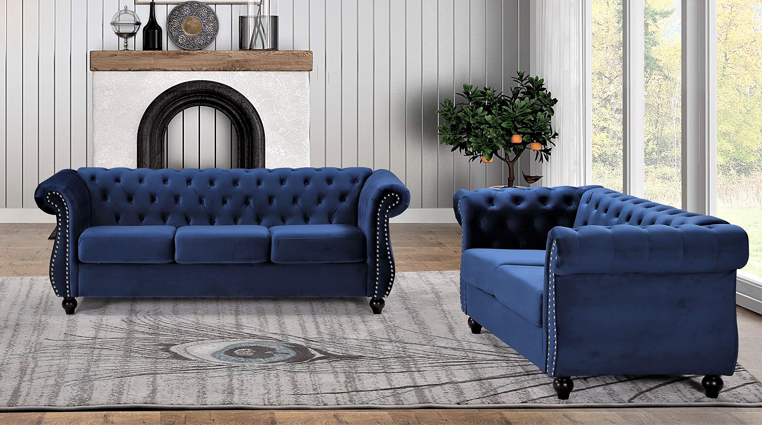Modern Velvet Chesterfield Sofa with Nailhead Trim & Diamond Tufting - Durable Metal Frame Loveseat or Couch for Living Room - Dark Blue Velvet Upholstery - Perfect for Home Theater, Lounge & Formal Sitting Areas