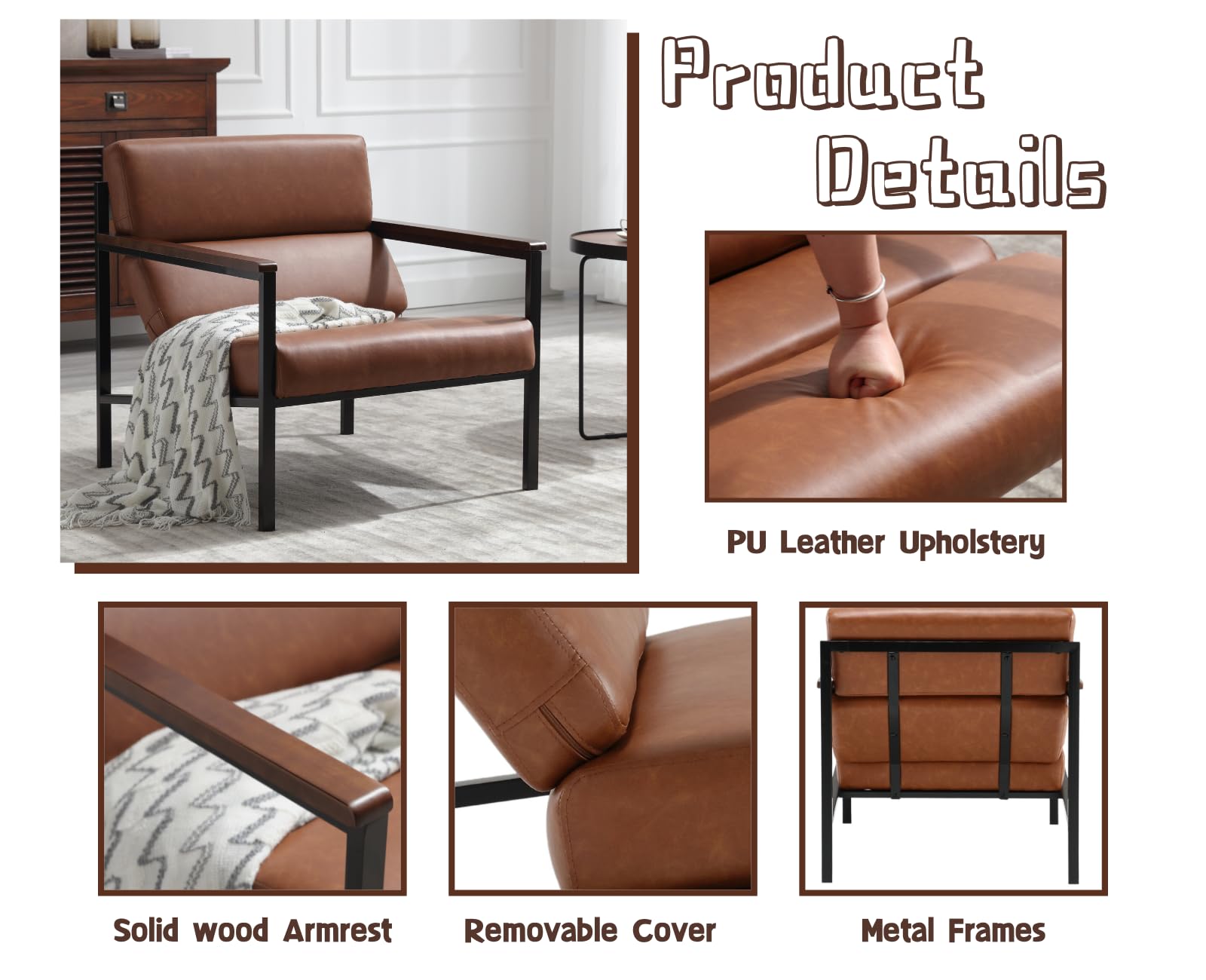 EALSON Modern Leather Accent Chairs Set of 2 - Comfortable Lounge Chairs with Sturdy Metal Frame & Upholstered Armrests - Wooden Armrest Sofa Chairs for Living Room, Bedroom, Office - Perfect for Relaxing, Reading & Home Decor (Brown)